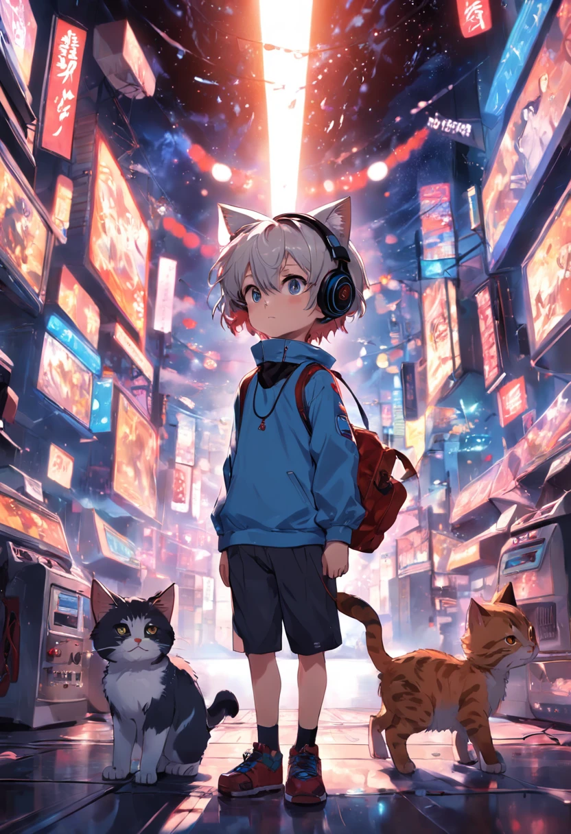 A boy,Kittens,Look at each other,Boys with headphones