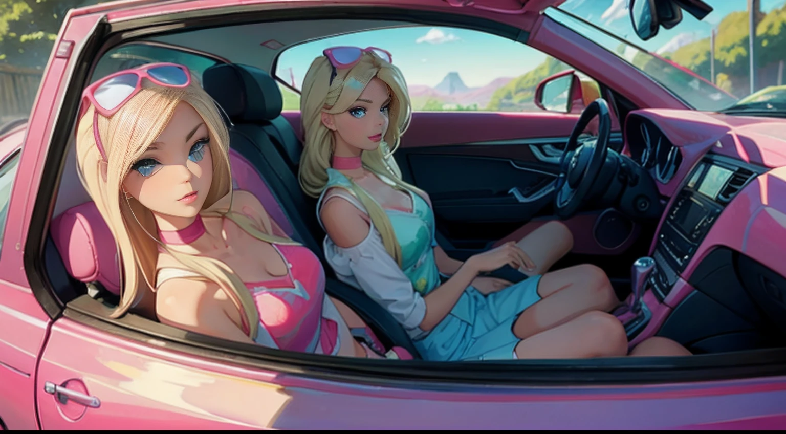 An attractive-looking and angelic person with straight blond hair, only 18 years old. Her face blush slightly, enhancing her beauty. She has remarkably large and firm breasts, with a ratio of 1.4 to body size. In a subtle way, it is possible to glimpse part of the breasts from the side (sideboob) and from below (underboob) when she presses them together. Her areolas are pink and contrast with her white skin and dazzling blue eyes.
She is wearing a transparent pink microbikini, which reveals her stunning figure. Complementing the set, she uses a small floss also pink and transparent, which highlights her lower curves. While sitting in the back seat of a car --auto --s2