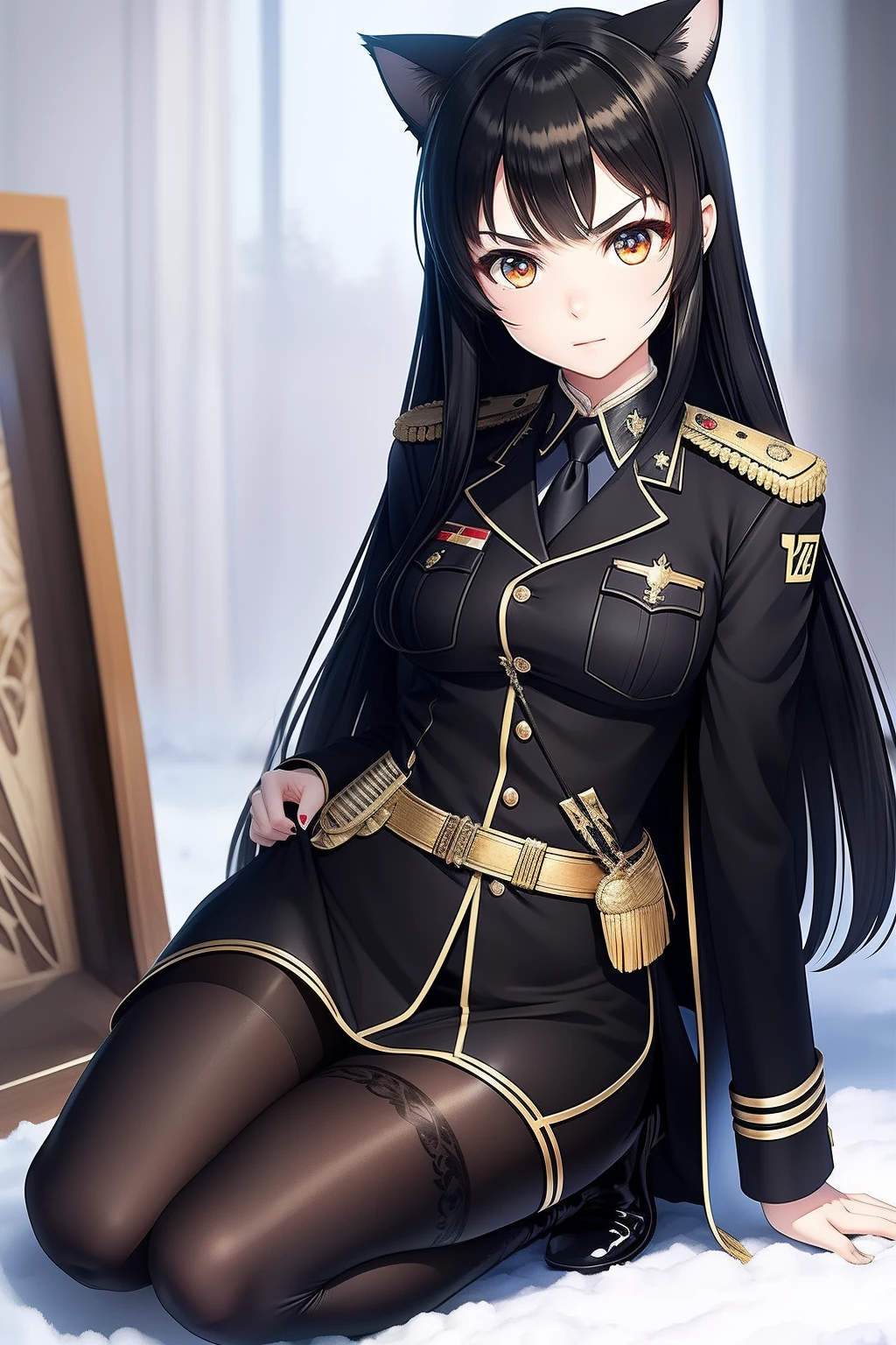 Snowy forest, Black hair, Cat ears, Cat girl,  Red eyes, Kneeling,  officer uniform, , Germany, Black officer uniform