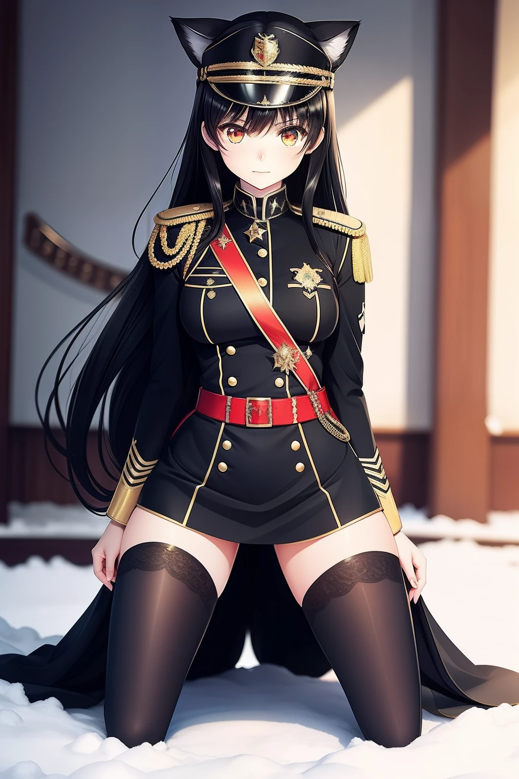 Snowy forest, Black hair, Cat ears, Cat girl,  Red eyes, Kneeling,  officer uniform, , Germany, Black officer uniform