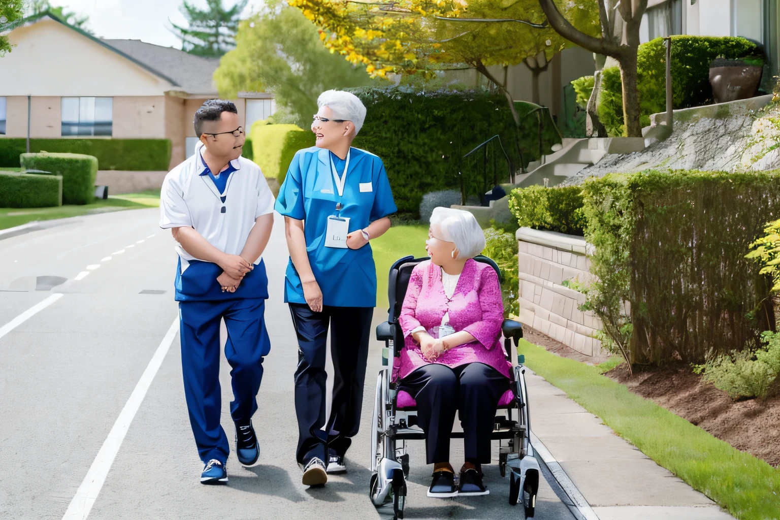 Elderly people in wheelchairs，Two nurses stood next to them, , nursing home, lakeside, healthcare worker, On a sunny day, Asian people,