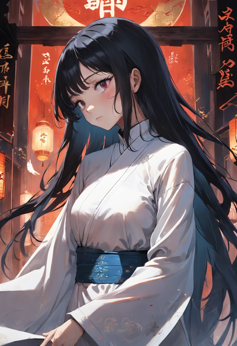 A beautiful girl with long black hair,Wear a white turtleneck nightdress,Being in the room,Fainted in the arms of the man in white,With his eyes closed,Eerie light,Dark night,high high quality,fog atmosphere,(Chinese folk suspense supernatural comic book style),High detail, Sharp focus, Dramatic,Midway and the art of painting by Greg Rutkovsky, Bokeh on the background