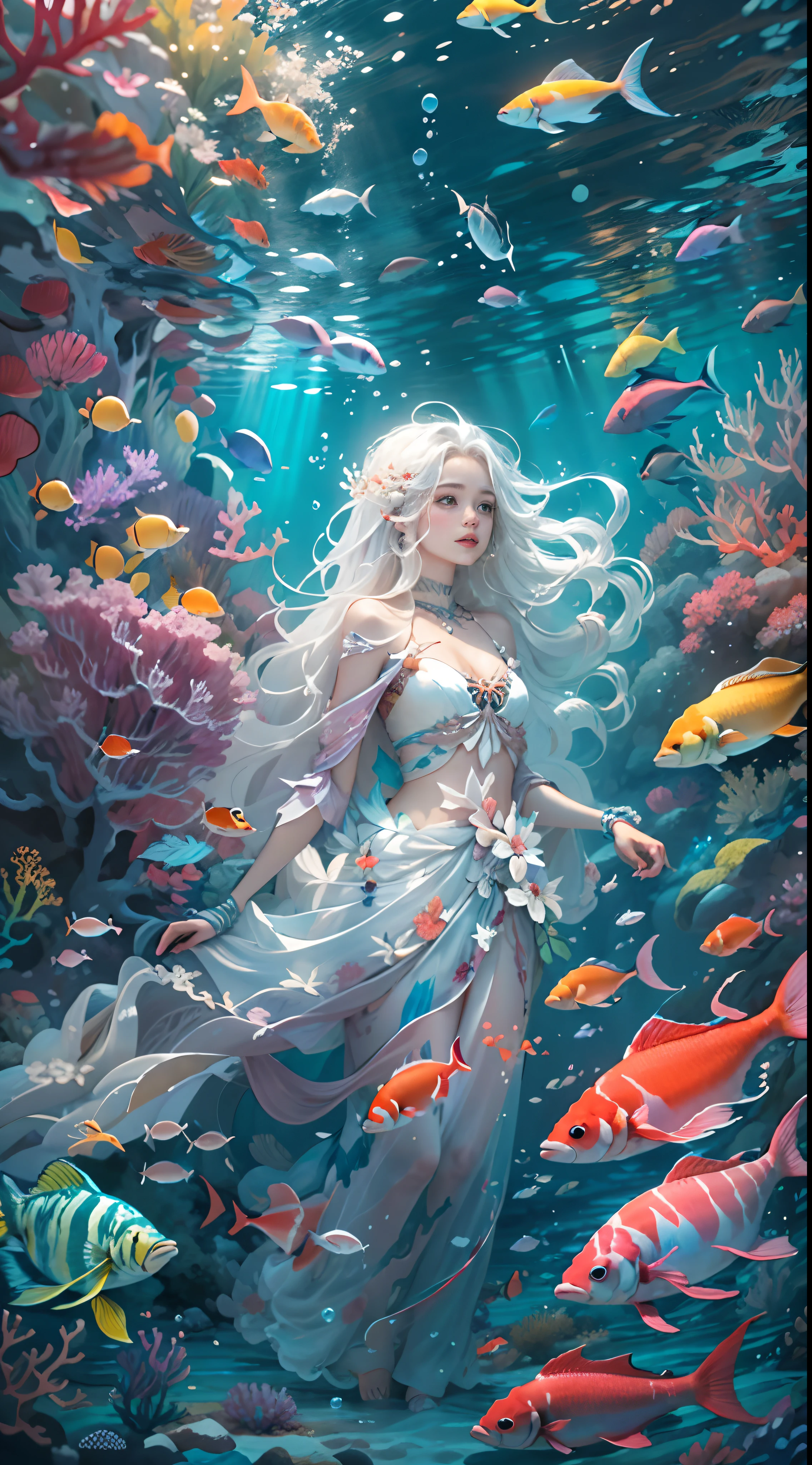 Conceptual art of marine life, Undersea landscape, Marine life,Beautiful coral reefs come in different shapes, 3D,, Fish, Female animated fantasy illustration. Long white hair scattered in the sea, Drift, Very harmonious. The whole painting adopts a messy and imaginative painting style. The colors are bright and saturated, And with smooth lines. The mystery and beauty of the ocean, The painting depicts an underwater world full of life and vitality, Animated art wallpaper 8 K