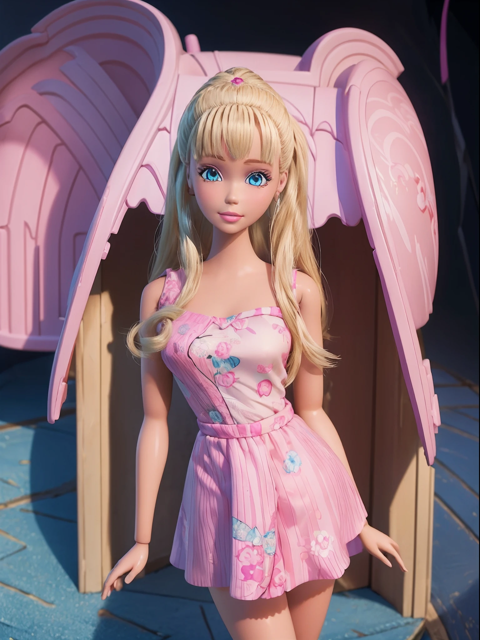 Barbie, Beautiful, blonde hair, long hair, blue eye, (background: pink Barbie house), extremely detailed, (masterpiece:1.3), (half-body:1.1)