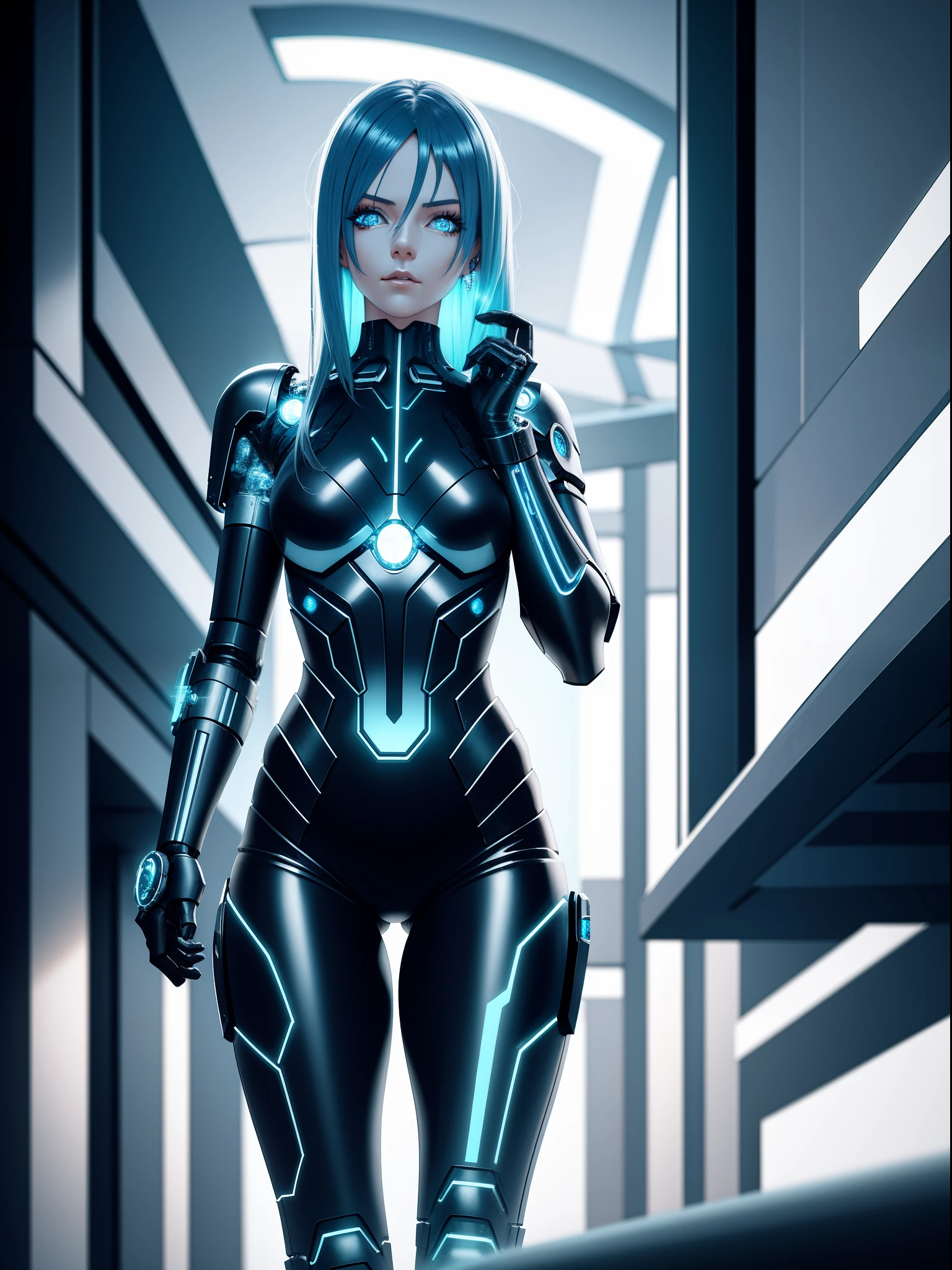 "Cyborg girl with metallic features, glowing blue eyes, and futuristic attire, in a dystopian cityscape at night. Add a sense of mystery and intrigue with a dark color palette, neon lights, and cyberpunk elements. Emphasize the contrast between technology and humanity, blending organic and mechanical elements seamlessly. Capture the essence of a cybernetic world with detailed textures, intricate circuitry, and reflections on the metallic surfaces. Aim for a high-quality and visually captivating illustration that showcases the futuristic cyborg concept."