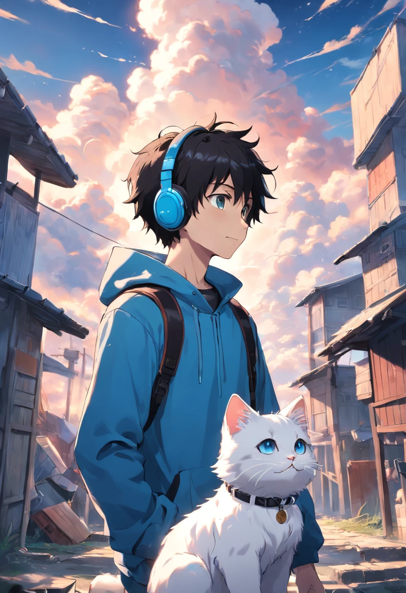 1 man looking at a kitten white，Boys with headphones，ssmile，The background is blue sky and white clouds