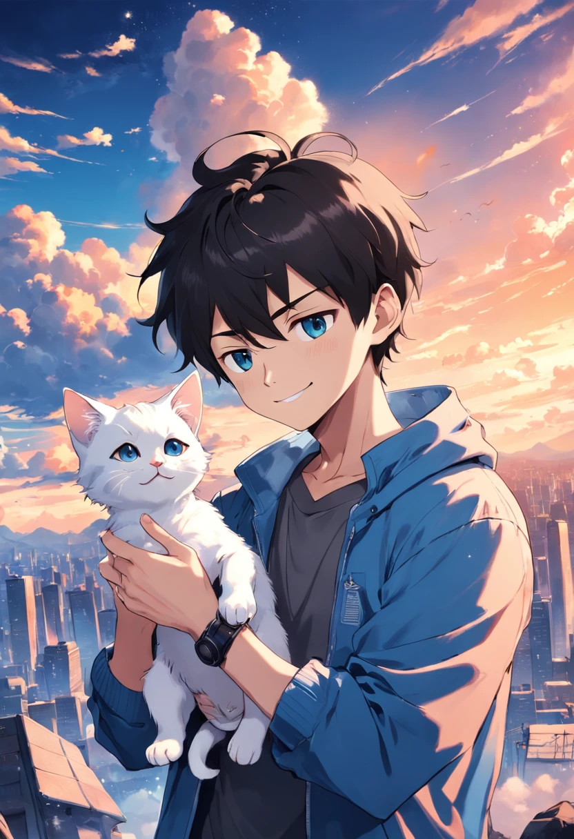 1 man looking at a kitten white,Boys with headphones,ssmile,The background is blue sky and white clouds