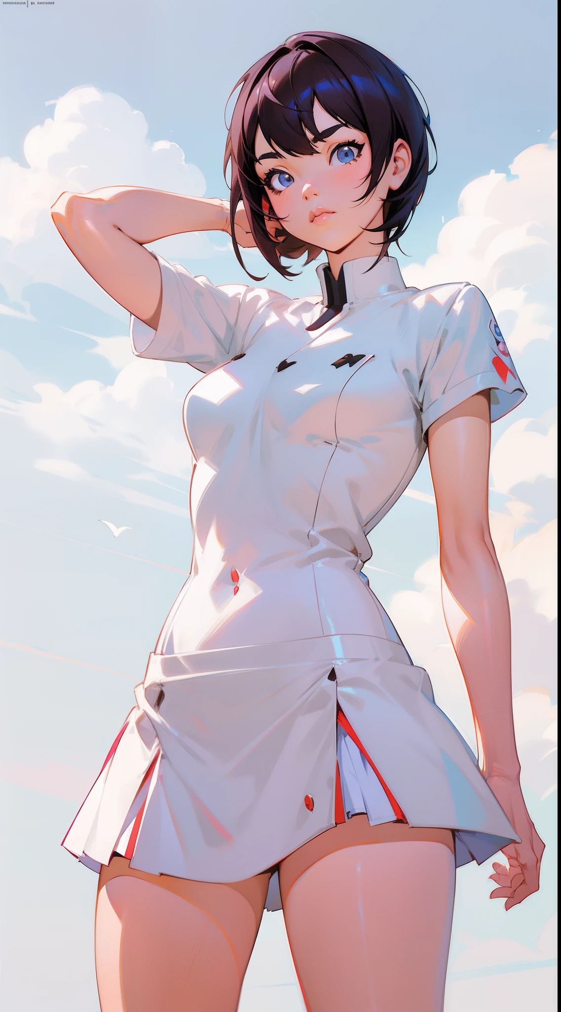 Beautiful girl wearing a white rubber high-neck nurse uniform（20th Generation）She has short hair, wears glasses and long patent leather gloves.