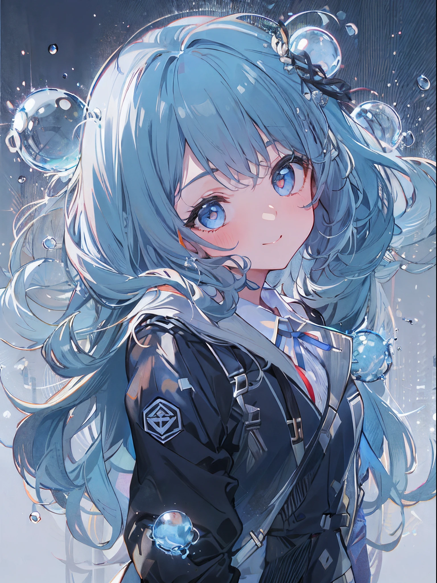 ((top-quality)), ((masterpiece)), ((ultra-detailliert)), (extremely delicate and beautiful), girl with, 独奏, cold attitude,((Black jacket)),She is very(relax)with the(Settled down)Looks,A dark-haired, depth of fields,evil smile,Bubble, under the water, Air bubble,bright light blue eyes,Inner color with light blue hair and dark blue tips,Cold background,Bob Hair - Linear Art, shortpants、knee high socks、White uniform like school uniform、Light blue ribbon ties、Clothes are sheer、Hands in pockets