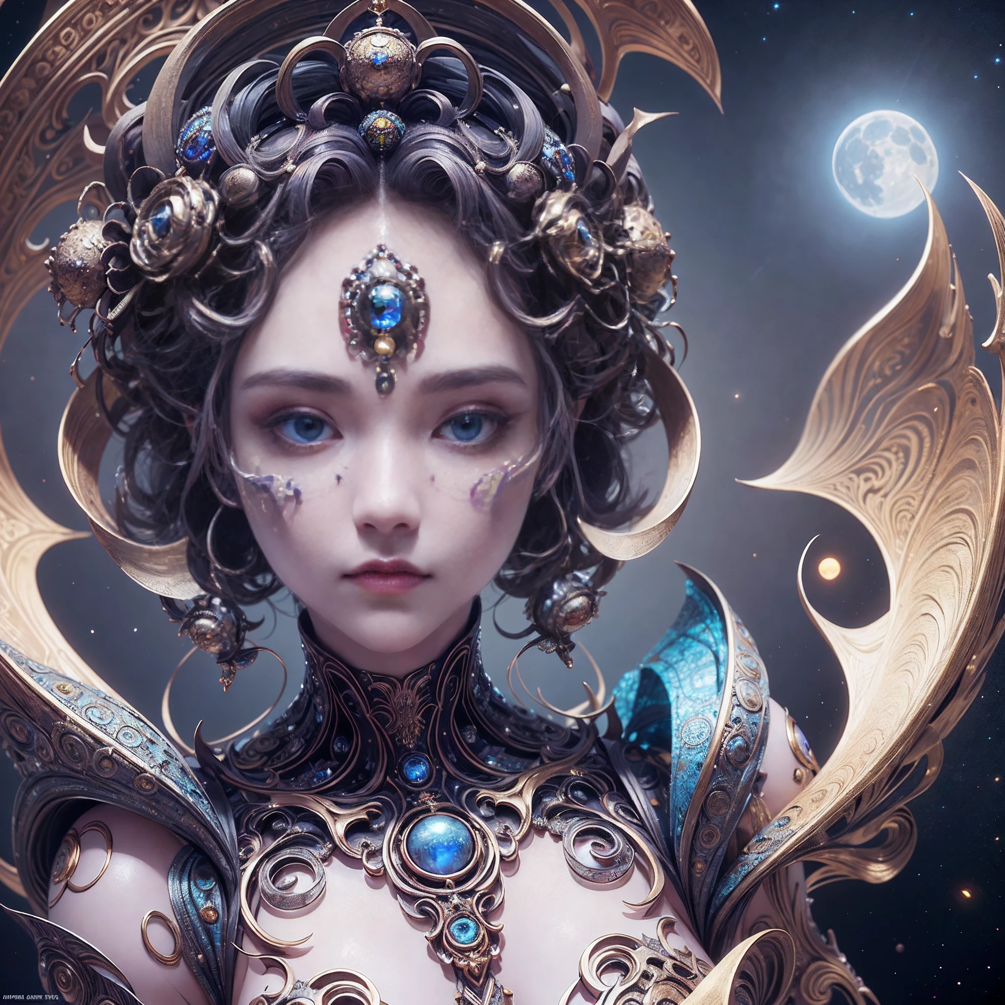 （best qualtiy，ultra - detailed，Most Best Illustration，Best Shadow，tmasterpiece，hight resolution，professionalartwork，famousartwork），Detailed eyes，beautidful eyes，closeup cleavage，sci-fy，colored sclera，Robotic eyes，face markings，tattooed，（fractalized，Fractal Eye），largeeyes，wide eyes，（Eye focus），sface focus，the eye of the universe，the eye of the universe，Close up of metal sculpture of woman with moon in hair，goddes。extremely high detail，3 d goddess portrait，Highly detailed footage of the goddess，a stunning portrait of a goddess，Side image of the goddess，portrait of a beautiful goddess，Full body close-up of goddess，Goddess of Hecate，portrait of a norse moon goddess，goddess of space and time
