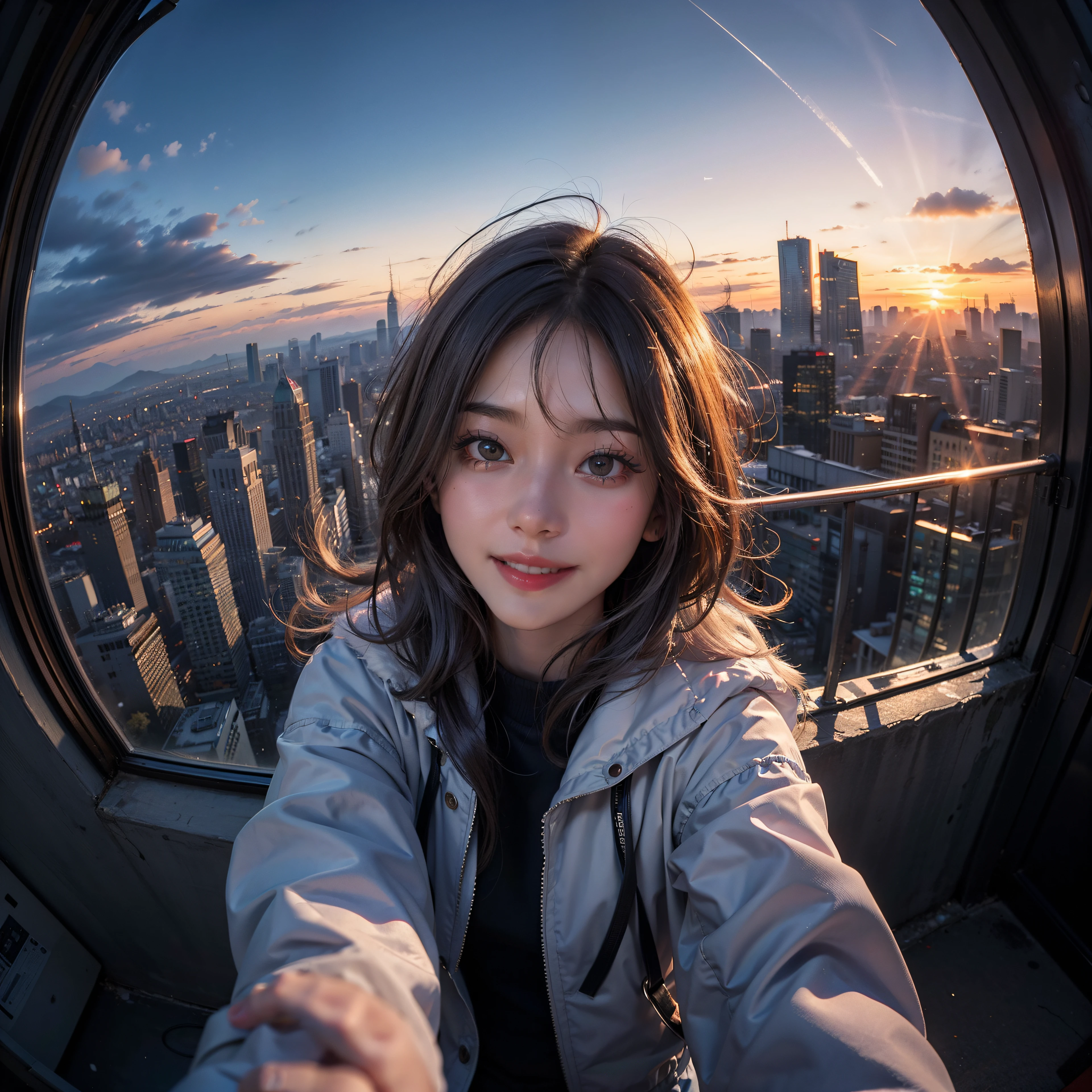 xxmixgirl,1girl, fisheye, selfie, wind, messy hair, sunset, cityscape, (aesthetics and atmosphere:1.2), gray hair,smiling,FilmGirl