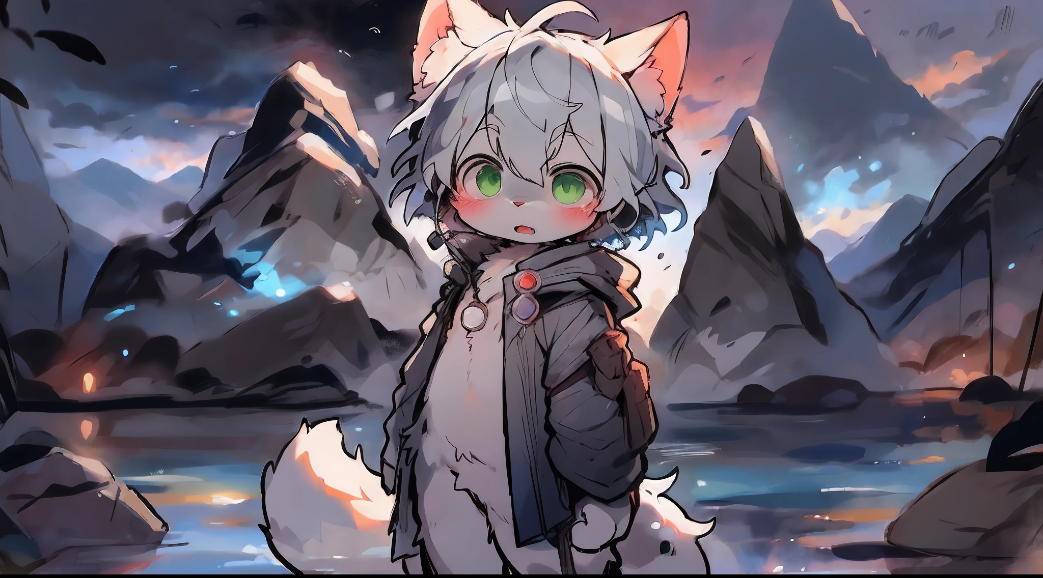 Snowy mountains Snow,full bodyesbian,Young Wolf,人物,tmasterpiece,Blue cotton jacket,furry tail,Highest image quality,8k,Full HD background,cartoony,adolable,kemono,male people,a plush,furry,White fur,White body,White ears,Orange-yellow eyes,solo person, Wolf tail, Wolf ears, ((half-body portrait)),Soft lines,Soft lines of clothing