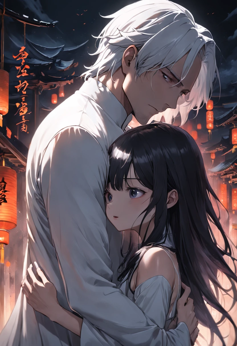 A beautiful girl with long black hair，Wear a white turtleneck nightdress，Being in the room，Fainted in the arms of a handsome man in white clothes and white hair，With his eyes closed，Eerie light，Dark night，high high quality，fog atmosphere，(Chinese folk suspense supernatural comic book style),High detail, Sharp focus, Dramatic，Midway and the art of painting by Greg Rutkovsky, Bokeh on the background