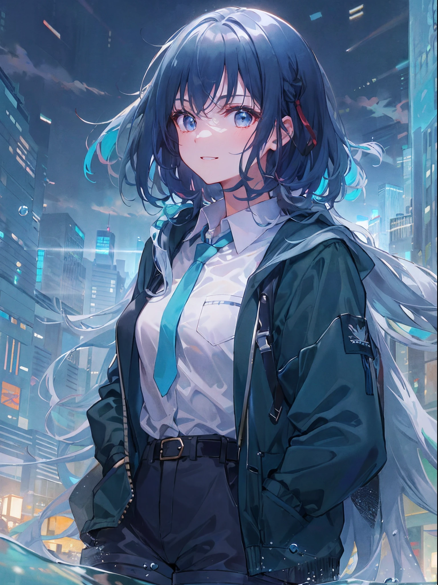 Anime girl in a city at night with a blue tie - SeaArt AI