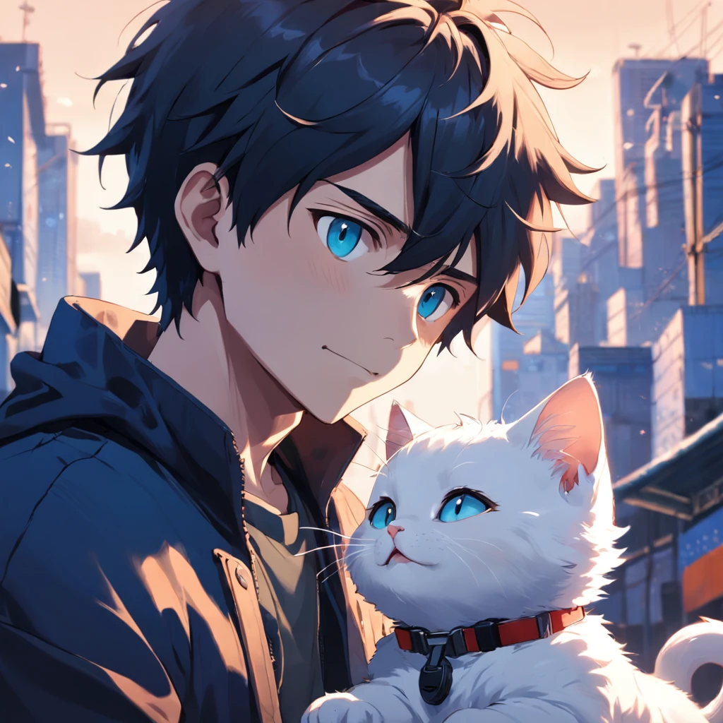 Man looking at the little white kitten,The man is on the left,The cat is on the right,Boys with headphones,ssmile,The background is blue sky and white clouds