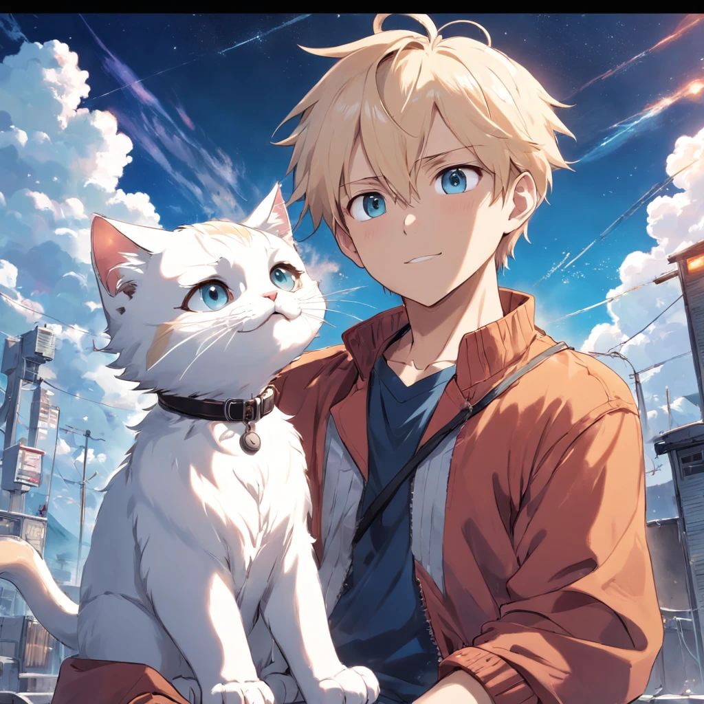 Man looking at the little white kitten,The man is on the left,The cat is on the right,Boys with headphones,ssmile,The background is blue sky and white clouds