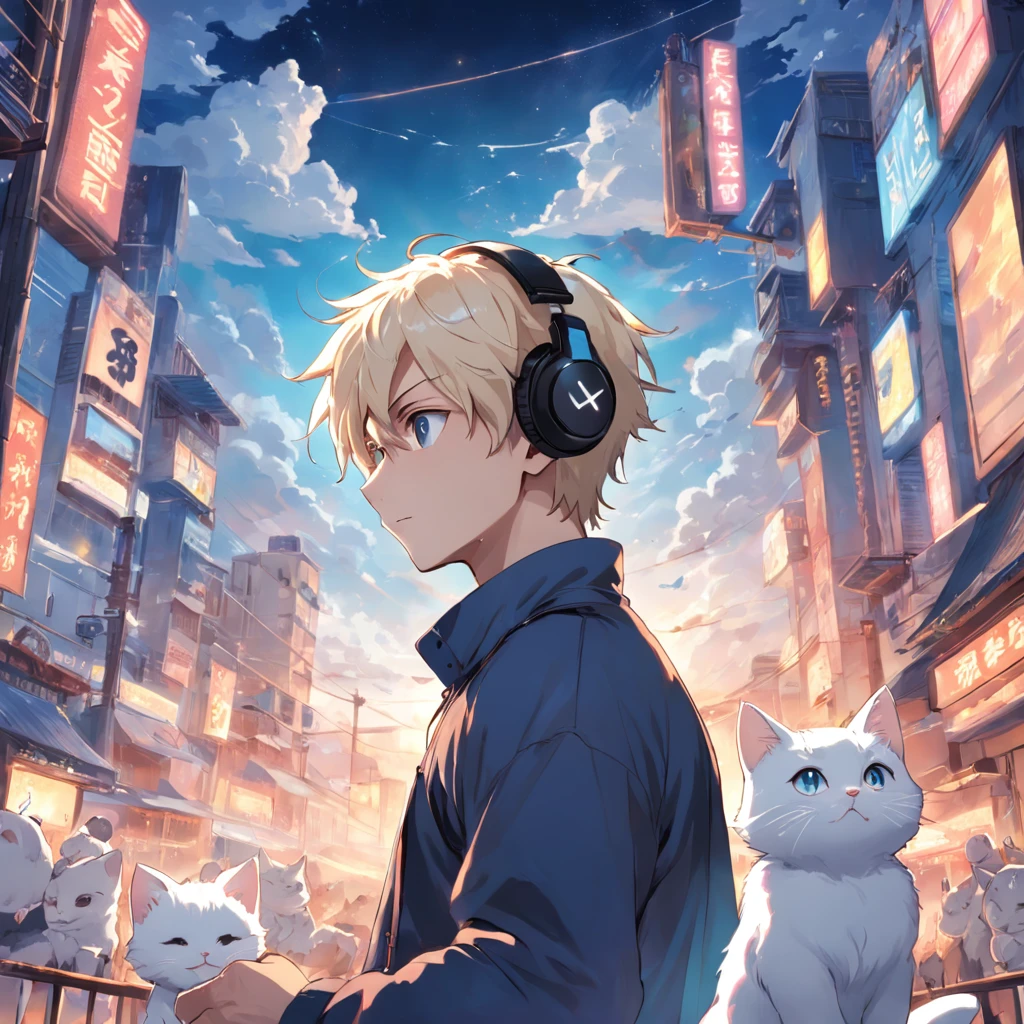 Man looking at the little white kitten,The man is on the left,The cat is on the right,Boys with headphones,ssmile,The background is blue sky and white clouds