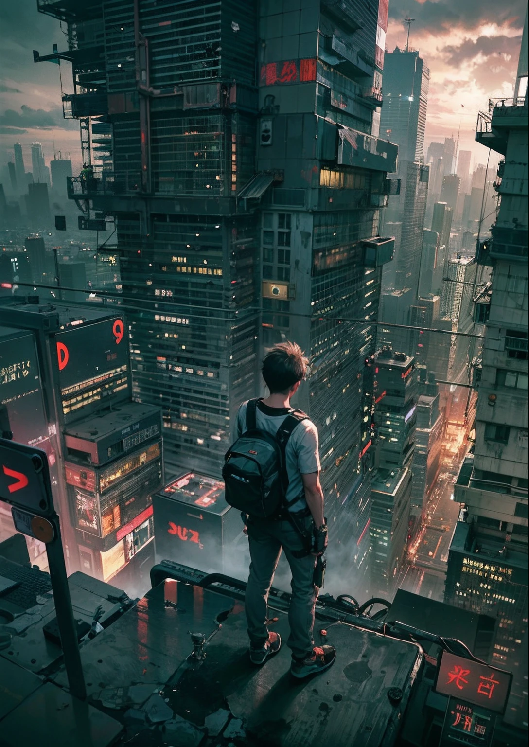 1boy,a 13 yo boy、Cyberpunk Boy、katanas,Tank Tops、Whole body bloody、Overhead view of the composition、back lighting,The beginning of the adventure、Lots of clouds,heavy fog、Midnight,darkness,Chaotic city of the future、Movie dystopia、A group of very complex tall skyscrapers stands in the center、Very complex dilapidated cityscape,Ruined Chinese skyscrapers、a bird、street signs、streetlights、Pretty dim lighting、Dark road、puddles、Chaotic landscape、Beautiful and fantastic scenery、Cinematic scenery、hightquality、masutepiece,in 8K、hight resolution、Best Illustration,