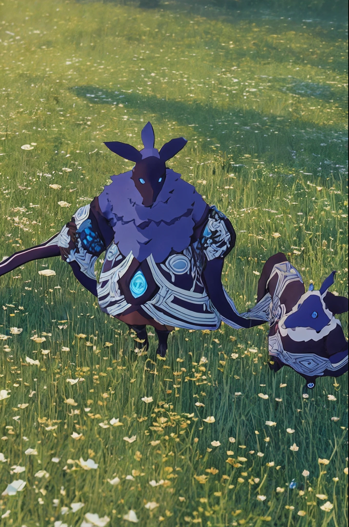Anime images of two Abyss Mage,Abyss Mage(Genshin_impact), Genshin,Two CHARACTERS,hand in hand,one big Abyss Mage and another is small Abyss Mage,walking in grassland,grass background