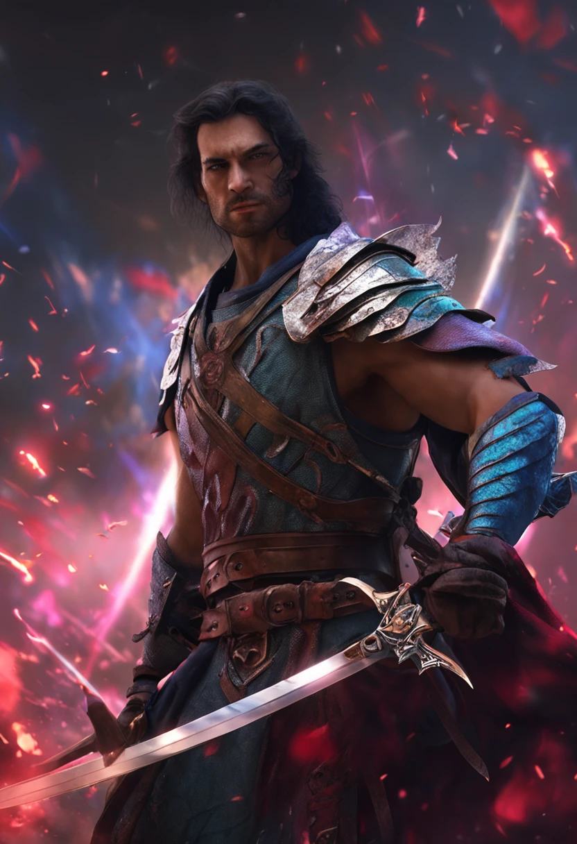 ((fantasy style+fantasy art+fantasy illustration) CG artwork,(computer generated+computer created+computer generated image) bust) of a (sword-wielding+sword-bearing+sword-holding) swordsman.