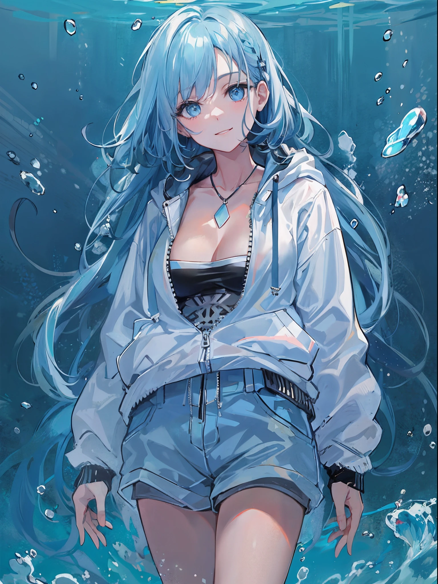 ((top quality)), ((masterpiece)), ((super detail)), (very delicate and beautiful), girl, solo, cold demeanor, ((black jacket)), she looks very (relaxed) and (calm), black hair, depth of field, evil smile, stirrups, underwater, air bubble, light blue eyes, light blue hair and dark blue tips inner color with, cold background, bobbed hair - linear art, shorts, knee high socks, oversized white hoodie, light blue ribbon tie, clothing transparent, hands in pockets
