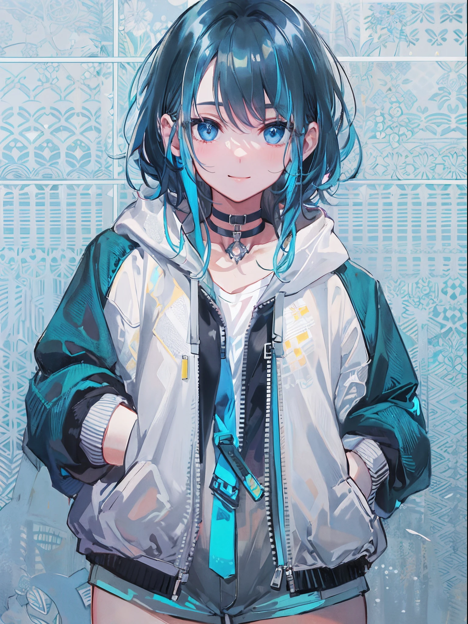 ((top quality)), ((masterpiece)), ((super detail)), (very delicate and beautiful), girl, solo, cold demeanor, ((black jacket)), she looks very (relaxed) and (calm), black hair, depth of field, evil smile, stirrups, underwater, air bubble, light blue eyes, light blue hair and dark blue tips inner color with, cold background, bobbed hair - linear art, shorts, knee high socks, oversized white hoodie, light blue ribbon tie, clothing transparent, hands in pockets
