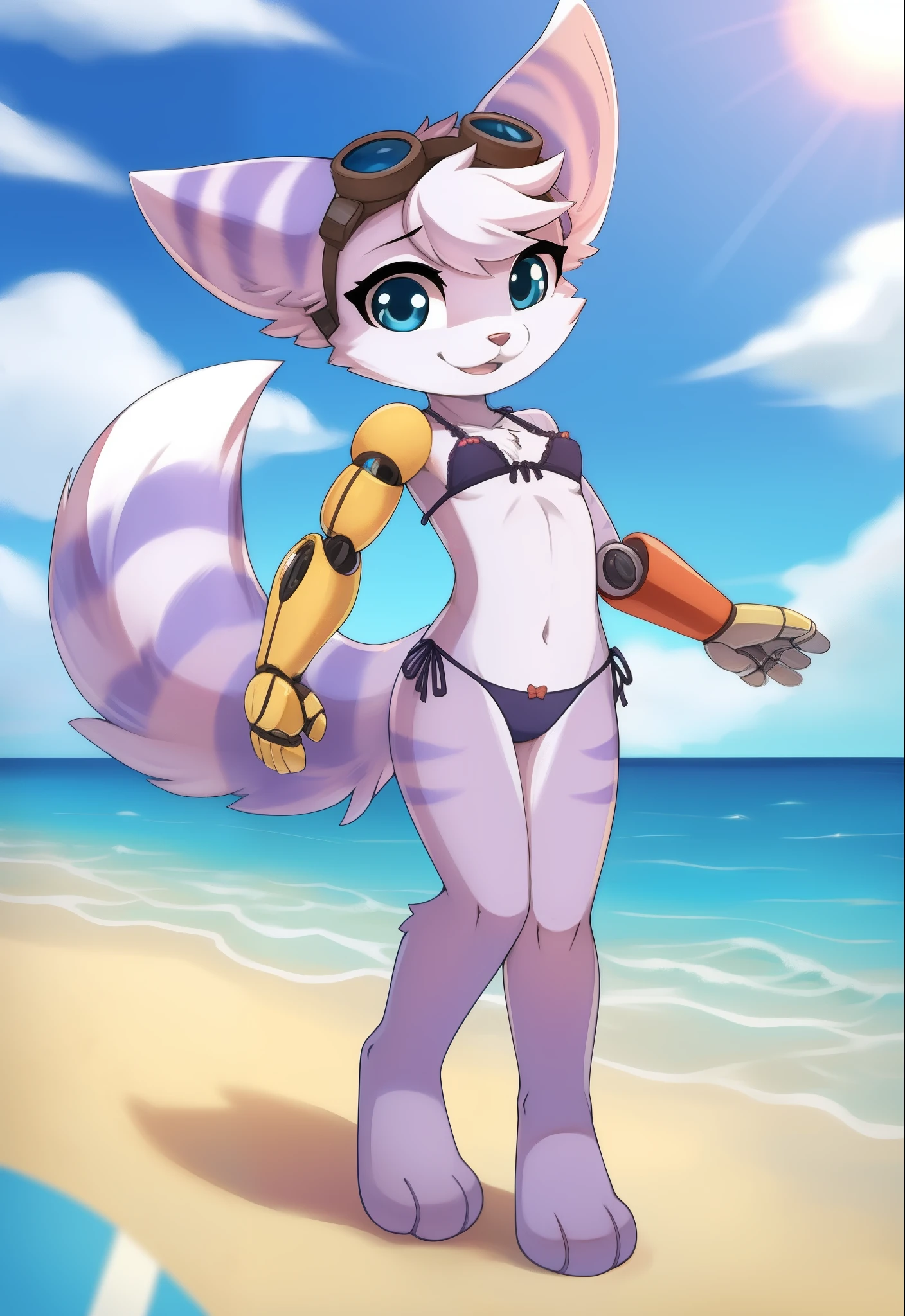 Rivet, furry girl, young, frilly bikini, beach, sea, sunny day, detailed body fur, detailed body, detailed eyes, detailed face, glistering body, shiny body, skinny, high quality, masterpiece, small breasts, goggles, :D, looking at you, anime style, full body, paws whit three toes, robot arm,