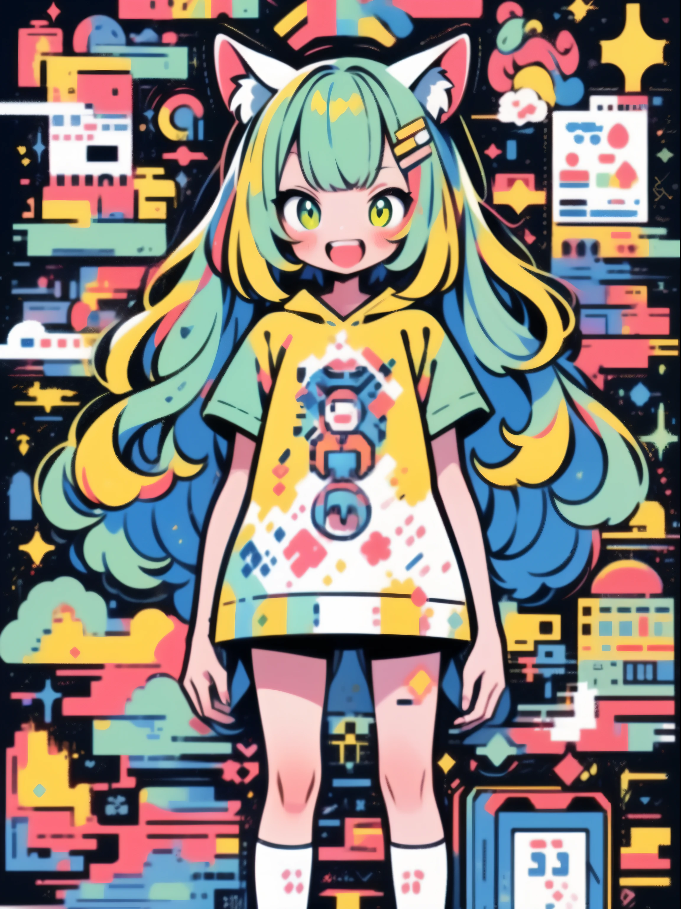 A cartoon girl with long hair and a cat ears standing in front of a ...