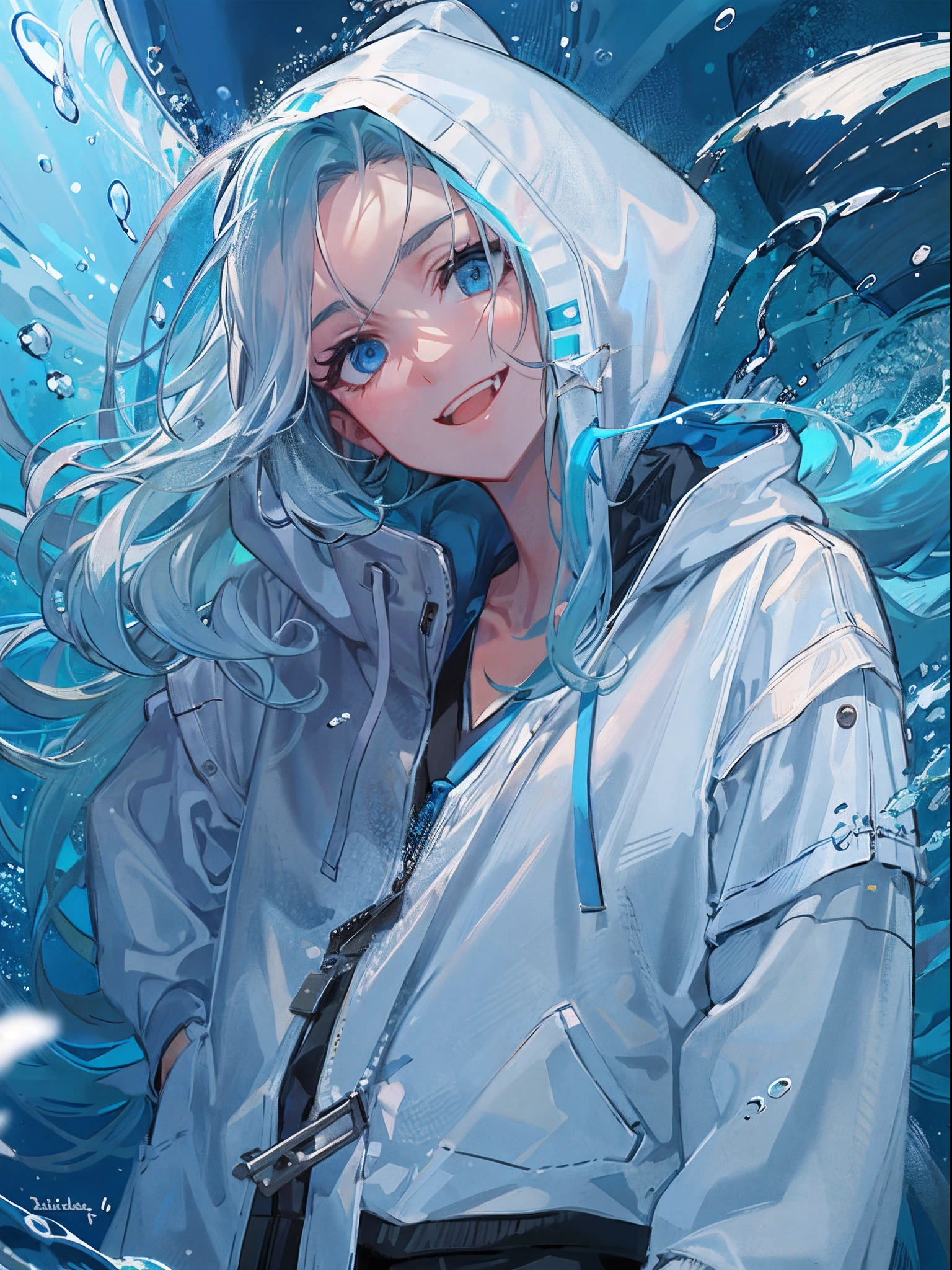 ((top quality)), ((masterpiece)), ((super detail)), (very delicate and beautiful), girl, solo, cold demeanor, ((black jacket)), she looks very (relaxed) and (calm), black hair, depth of field, evil smile, stirrups, underwater, air bubble, light blue eyes, light blue hair and dark blue tips inner color with, cold background, bobbed hair - linear art, shorts, knee high socks, oversized white hoodie, light blue ribbon tie, clothing transparent, hands in pockets