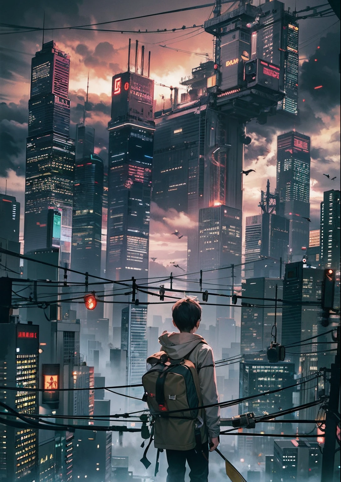 1boy,a 13 yo boy、Cyberpunk Boy、katanas,Tank Tops、Whole body bloody、Overhead view of the composition、back lighting,The beginning of the adventure、Lots of clouds,heavy fog、Midnight,darkness,Chaotic city of the future、Movie dystopia、A group of very complex tall skyscrapers stands in the center、Very complex dilapidated cityscape,Ruined Chinese skyscrapers、a bird、street signs、streetlights、Pretty dim lighting、Dark road、puddles、Chaotic landscape、Beautiful and fantastic scenery、Cinematic scenery、hightquality、masutepiece,in 8K、hight resolution、Best Illustration,