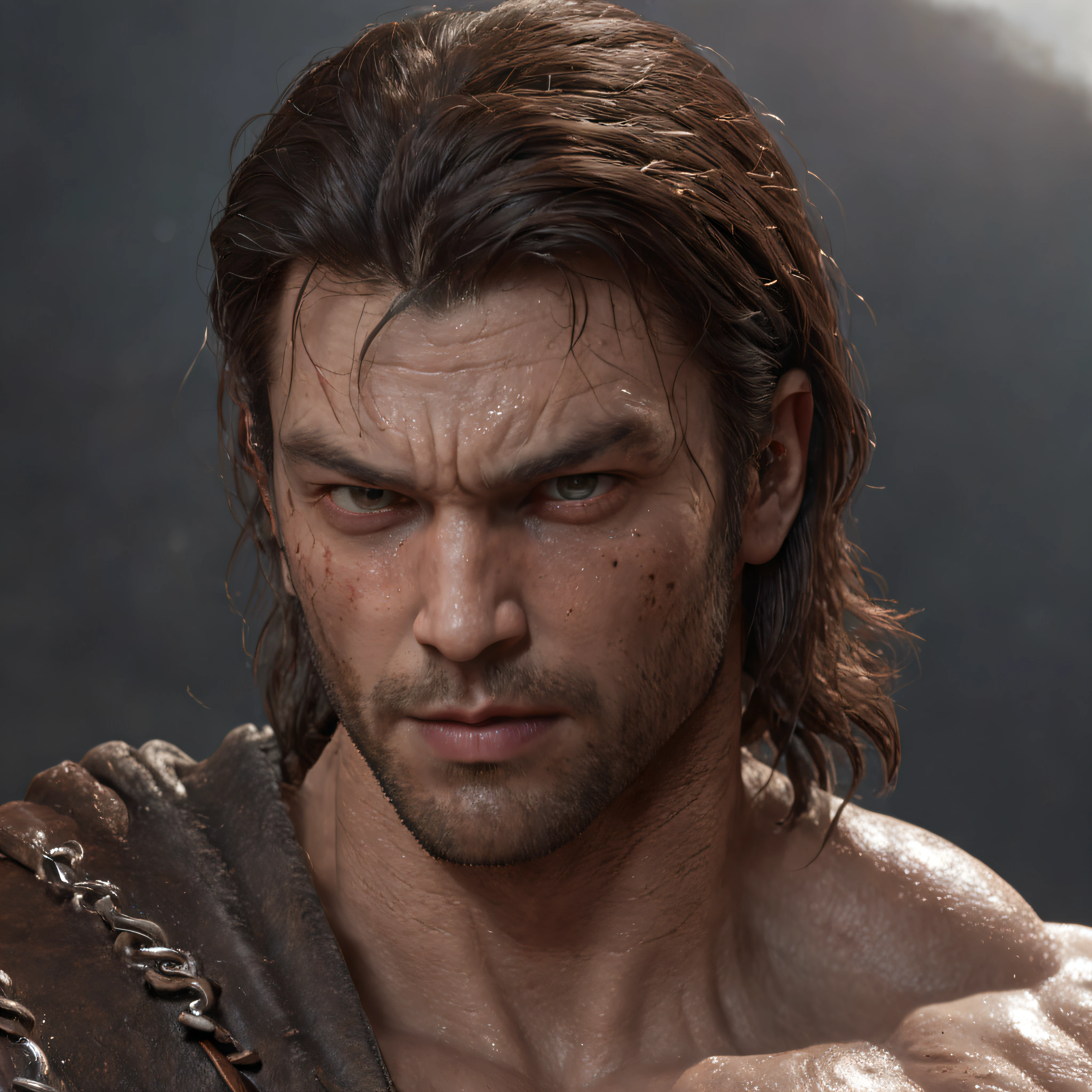 (professional 3d render:1.3) af (Realistic:1.3) most beautiful artwork photo in the world,Features soft and shiny male heroes, ((Epic hero fantasy muscle man rough wet hero angry look long hair short beard and ferocious expression in dynamic pose, Fantastic location, Majestic cluttered environment)), full body 8k unity render, action shot, skin pore, very dark lighting, heavyshading, Detailed, Detailed face, (vibrant, photograph realistic, Realistic, Dramatic, Dark, Sharp focus, 8K), (Old leather garments damaged by weathering:1.4), ((((Wear fur)))), (Intricate:1.4), decadent, (Highly detailed:1.4), Digital painting, rendering by octane, art stations, concept-art, smooth, Sharp focus, illustration, Art germ, (loish:0.23), wlop ilya kuvshinov, and greg rutkowski and alphonse mucha gracias, (Global illumination, Studio light, volumettic light), heavy rain, particles floating, lotr, fantasy, elf, full bodyesbian, ((Dark and ancient city background:1.3)),CGSesociety,art stations