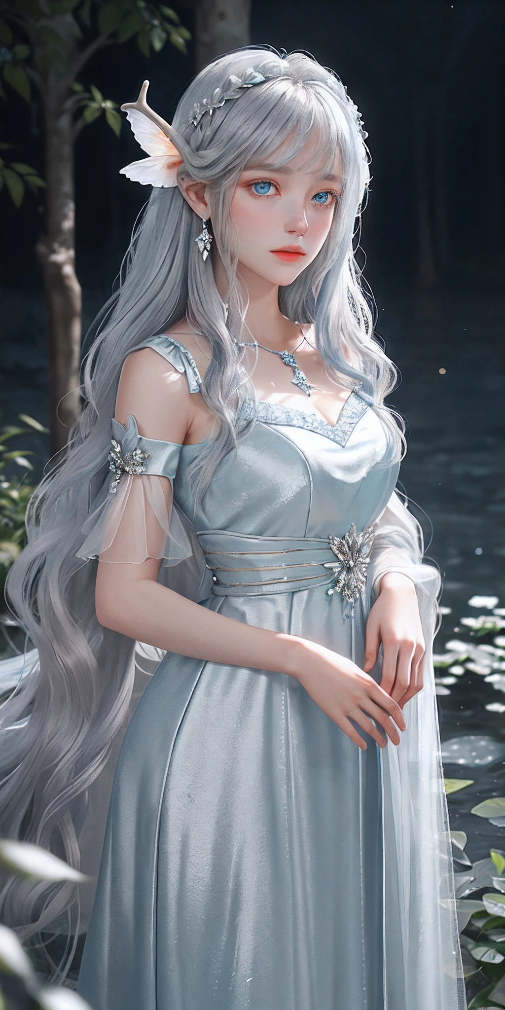 one-girl,deep in the night,Silver moonshine,glowworm,White skin,deer antlers,Messy bangs,Lake blue waist-length hair,flowy,French big waves,Silver-blue eyes,Silver and white long dress,Rhinestone pendants,Peerless beauty,gentleness,mature,Soft,Hazy moonlight,ln the forest,k hd,high detal,high qulity,Good atmosphere,delicated,cg render,detail render,(Delicate facial portrayal)(Fine hair portrayal)(highest quality)(Master masterpieces)(High degree of completion)(a sense of atmosphere)