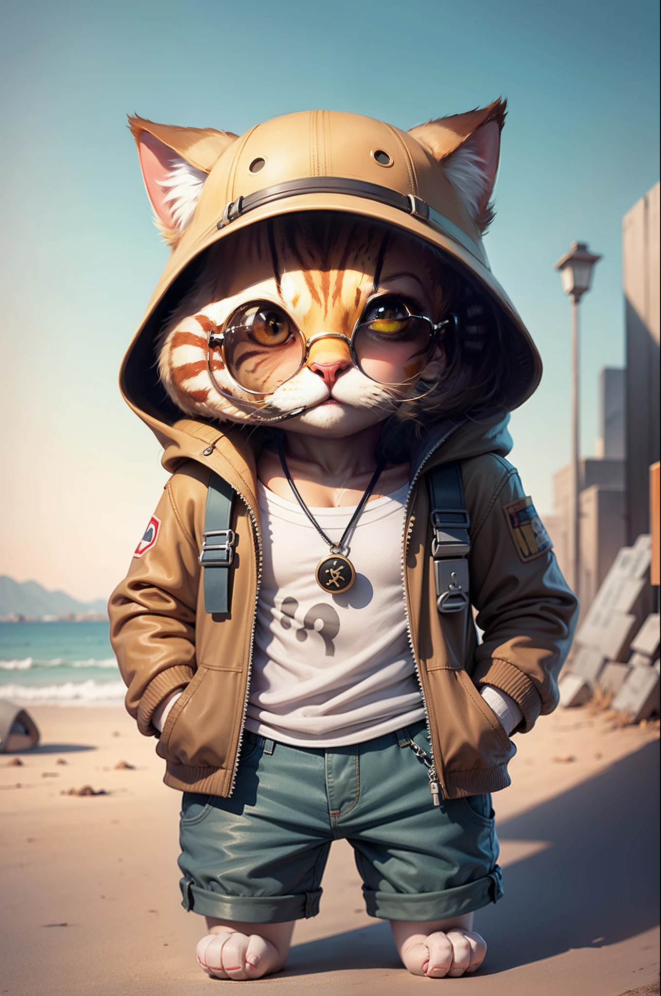 C4tt4stic, Cartoon brown tabby cat in one piece for women,Sunglasses,Straw hat,