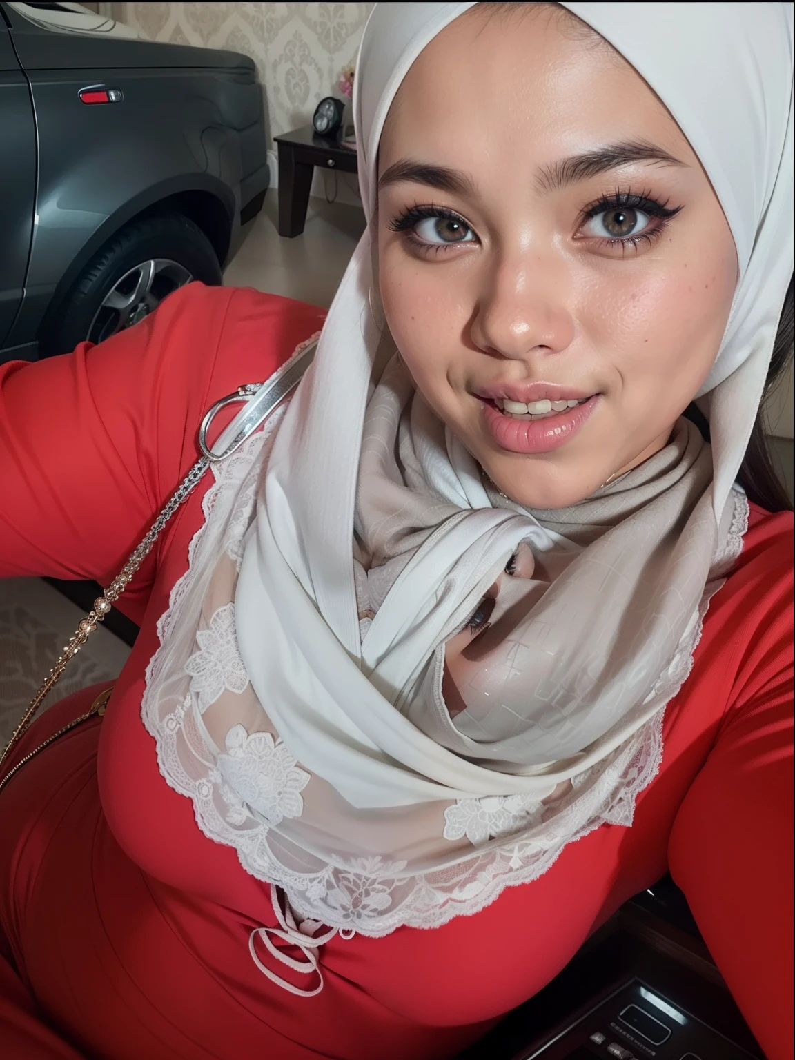 Portrait photo of a matured chubby malay girl, curvy, (laughing:1.2), hijab,malaysian, posing, look at a camera, nerd, spectacle, wear white shirt and short pleated skirt, wearing glasses, full body, room background, big breast,nighttime, backlit, epic realistic, hyper detailed, detailed skin texture, mole below eye, natural skin texture, mole in body, insane details, intricate details, accent lighting, soft volumetric light, bokeh, (dramatic light:1.2), (neutral colors:1.3), cross process, living room background, ((detailed realistic face and eyes)), good lighting, 8K resolution, Legs Wide Open, spread Legs, lying on bed, Liquid from the Crotch, Blushing, fat, wet body, wet cleavage, very wet body with water,