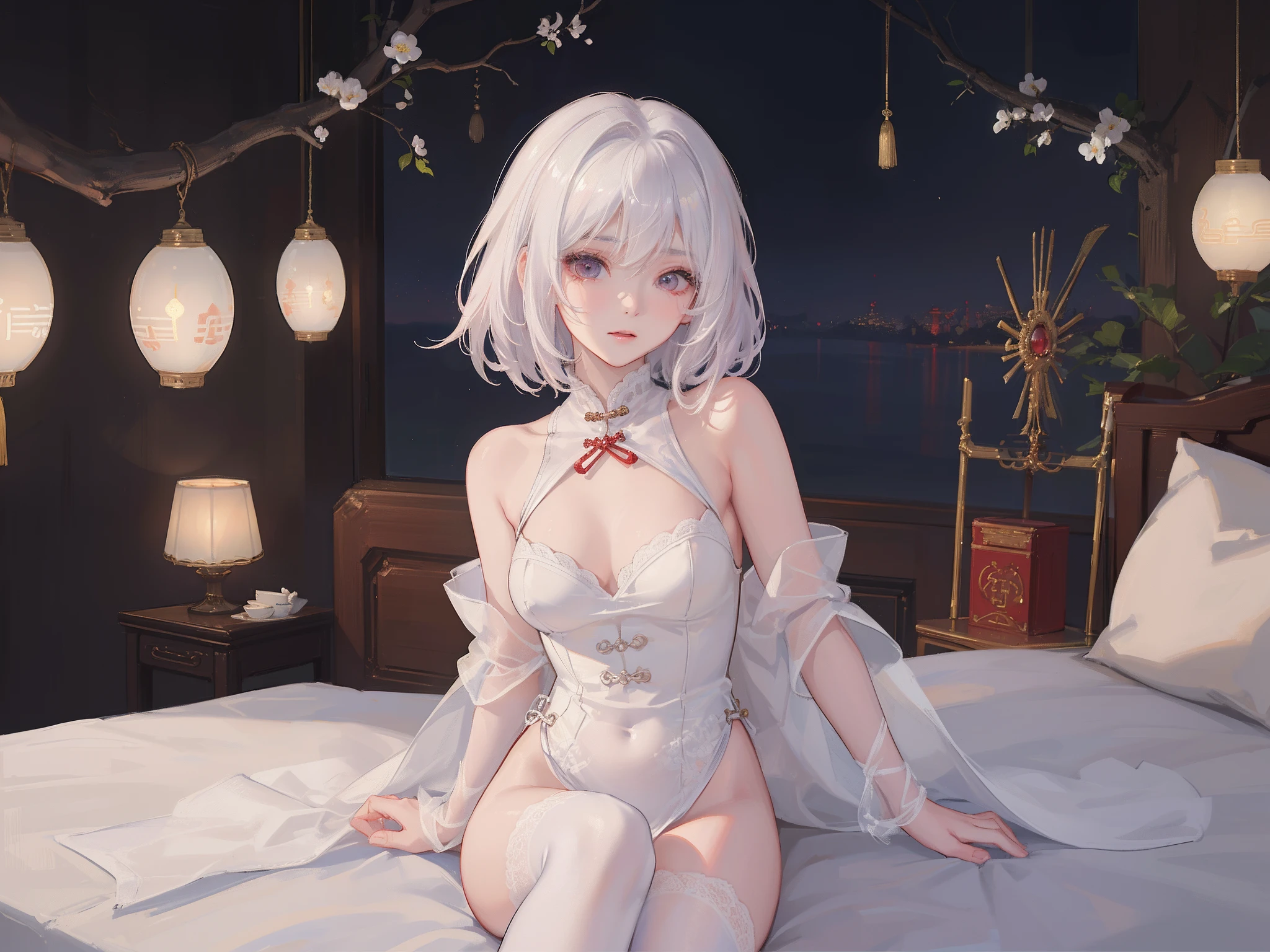 ((top-quality、8K、Manhwa Style:1.4、tmasterpiece,nedium breasts,onbed,Pubic hair shows through,full bodyesbian,Red-faced,is shy,unwear,white stockings,long whitr hair,long leges,Lighting、Beautiful Chinese woman、18yr old、with short white hair、Ultra-delicate skin、Beautiful production,Soft lighting