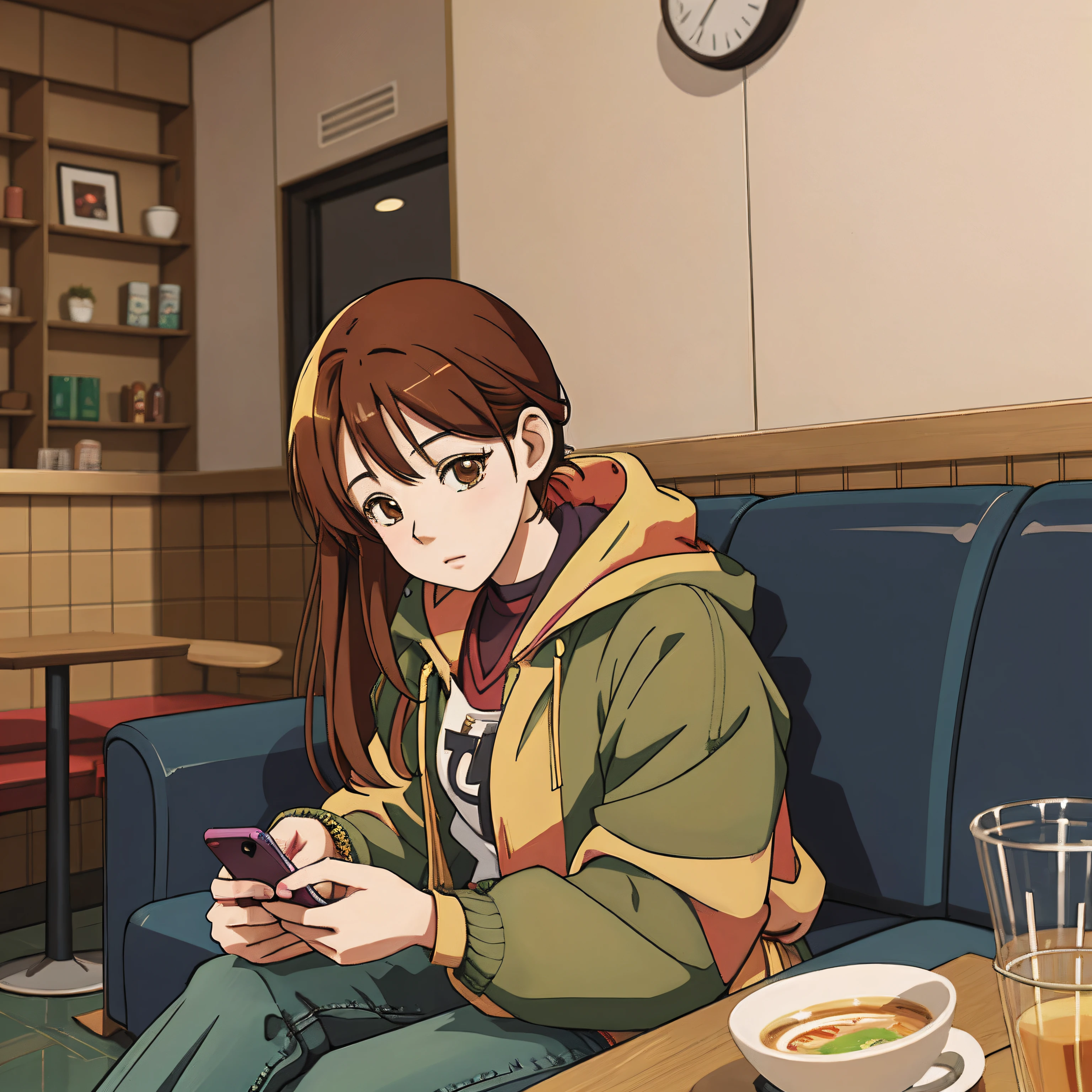 A woman sitting on a sofa playing with her phone, looking at his phone, Guviz-style artwork, in an anime style, Realistic anime 3 D style, made with anime painter studio, lofi portrait, Praise Artstyle, In anime style, sitting alone in a cafe, High-quality fanart, Digital anime illustration