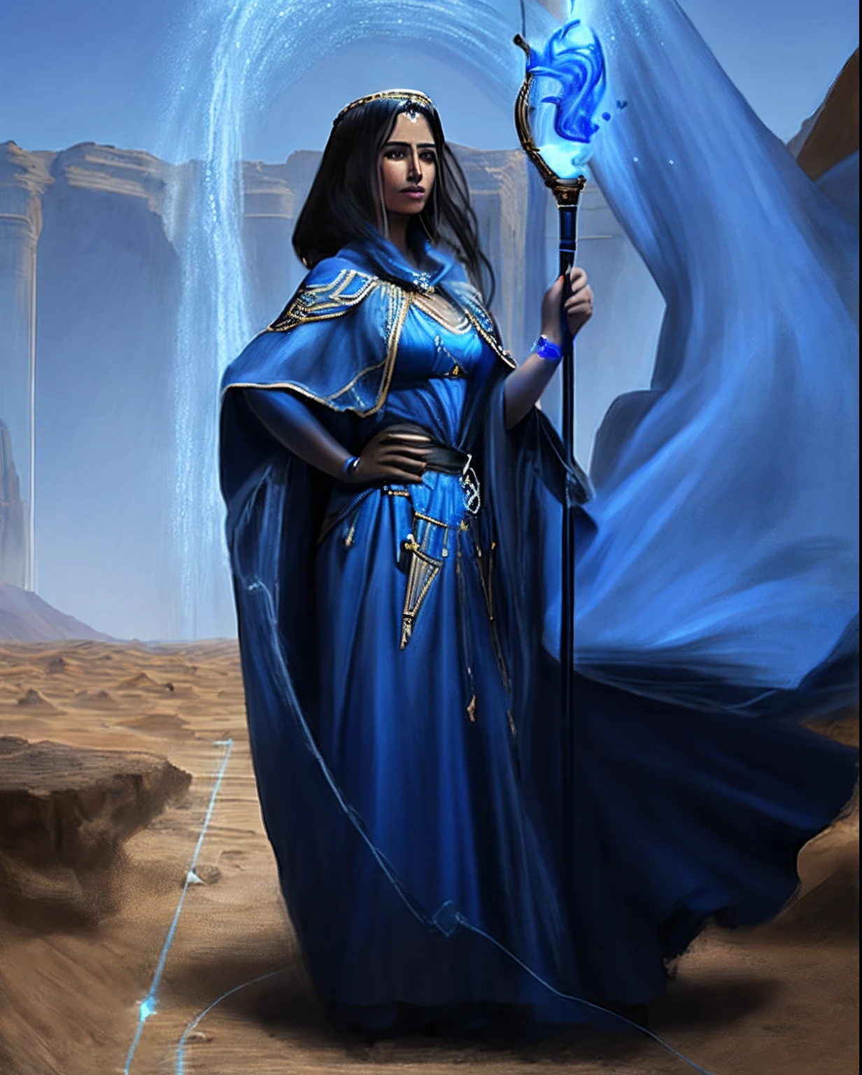 Arafed Woman in a blue dress holding a cane in a desert area, azul, elfic priestess, Mujer hechicera, Magic The Sorceress Gathering, Maya Ali como D&D Hechicero, Maga femenina, Hechicera nigromante, flowing robes, hechicera, Maga femenina conjurando un hechizo, Maga de la Tierra