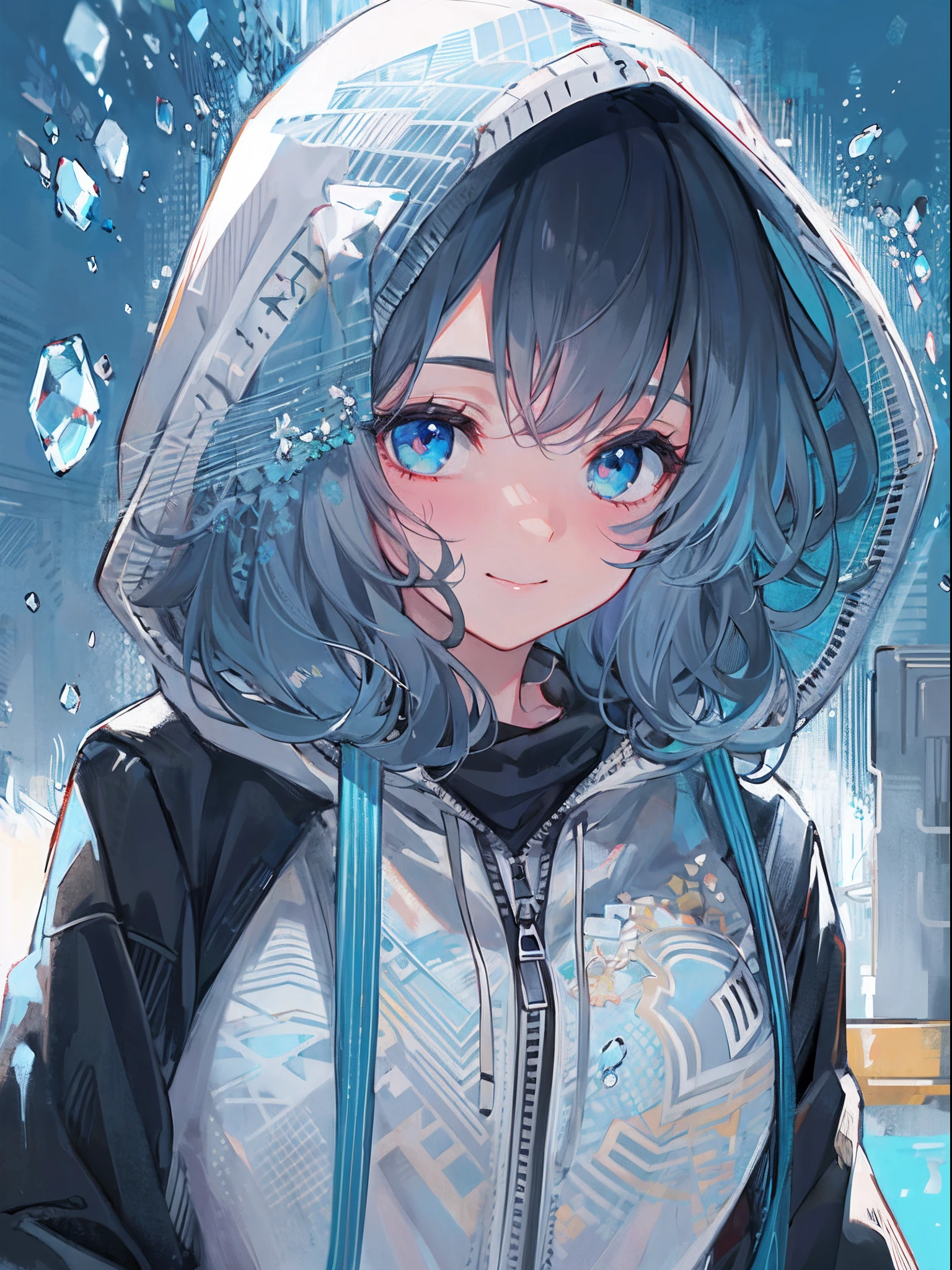 ((top quality)), ((masterpiece)), ((super detail)), (very delicate and beautiful), girl, solo, cold demeanor, ((black jacket)), she looks very (relaxed) and (calm), black hair, depth of field, evil smile, stirrups, underwater, air bubble, light blue eyes, light blue hair and dark blue tips inner color with, cold background, bobbed hair - linear art, shorts, knee high socks, oversized white hoodie, light blue ribbon tie, clothing transparent, hands in pockets