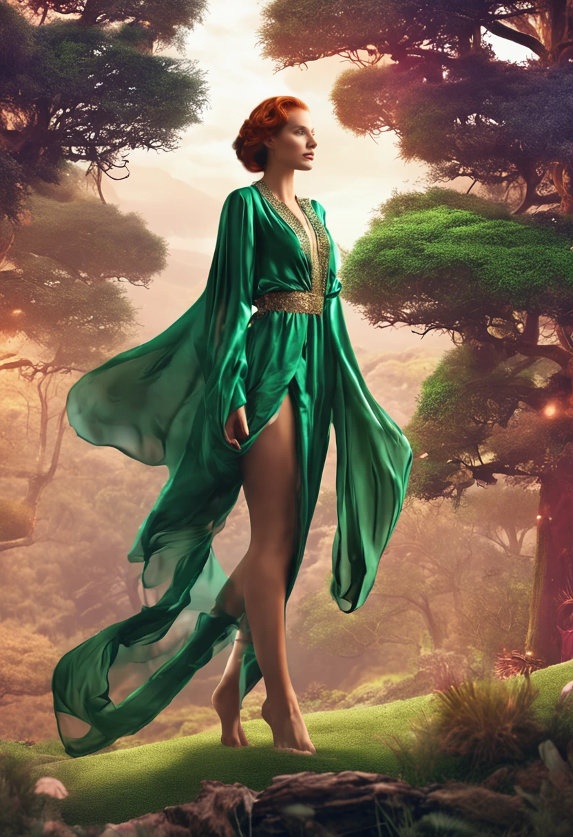 auburn hair，Slender palatial woman, Decorated with flowing emerald silk robes, Stand on top of a meadow hill，The view is majestic.