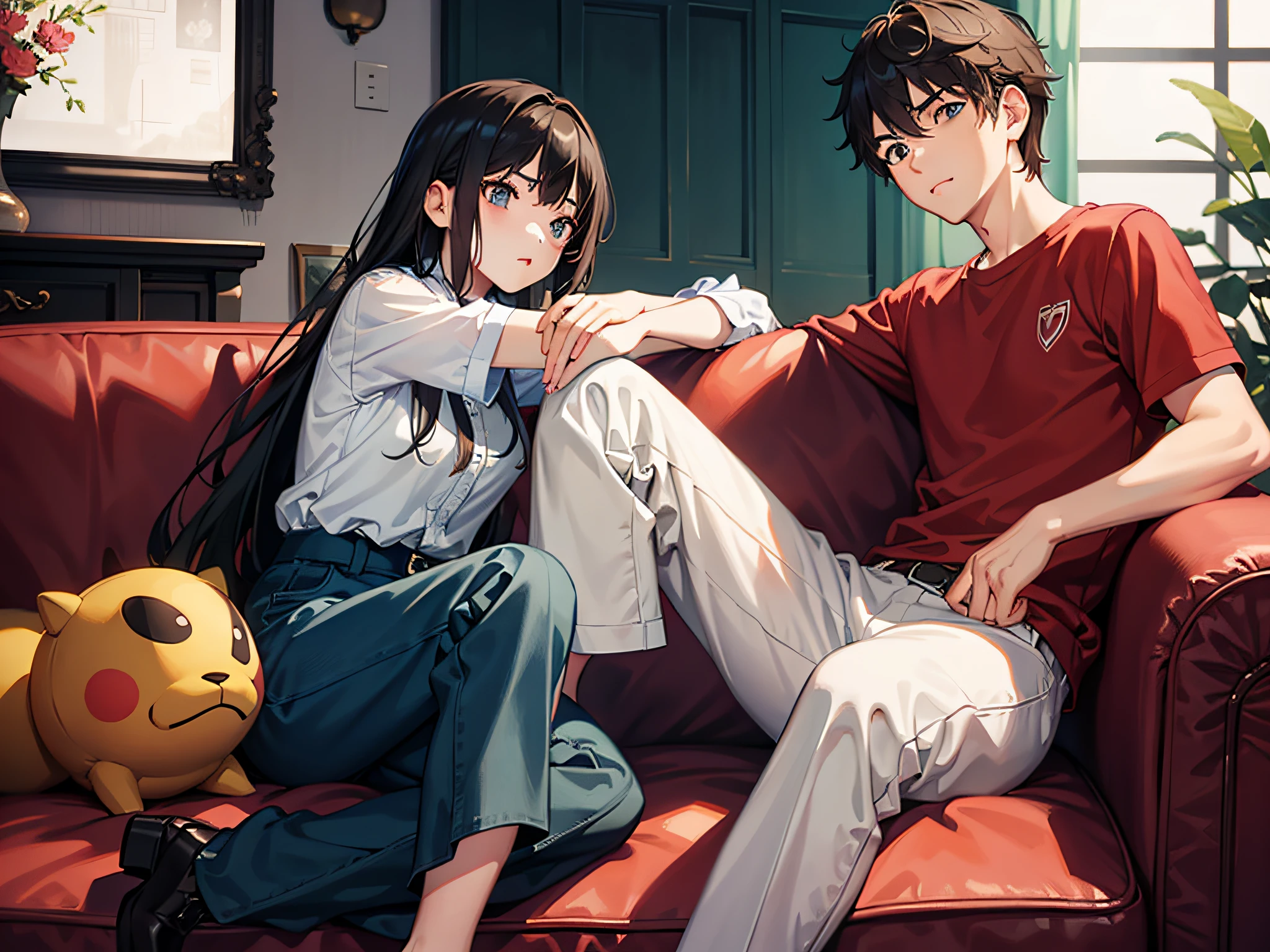 A boy and girl look indifferent on the couch