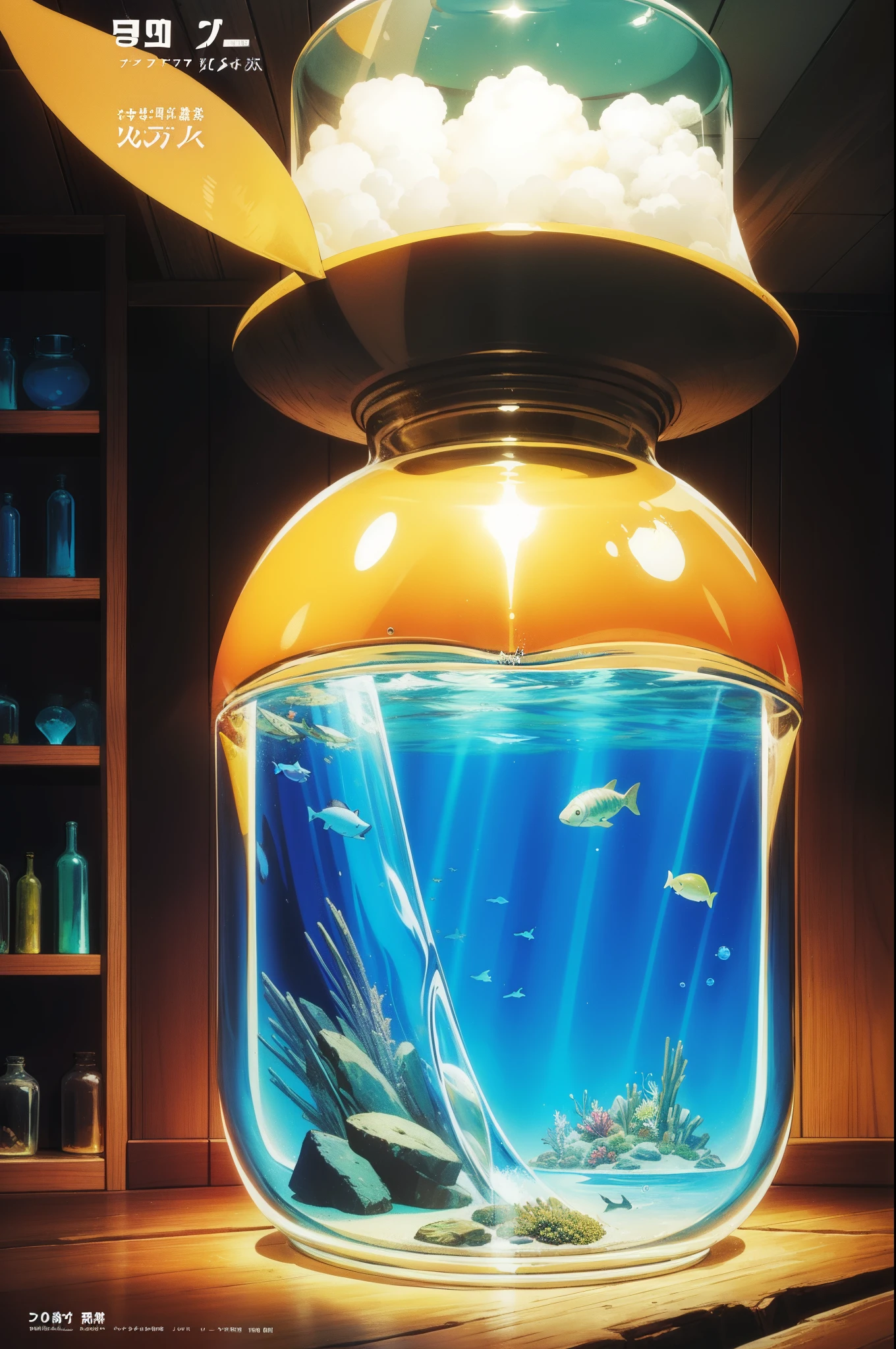 Magazine cover of marine animals in glass bottles , vivd colour, volumettic light