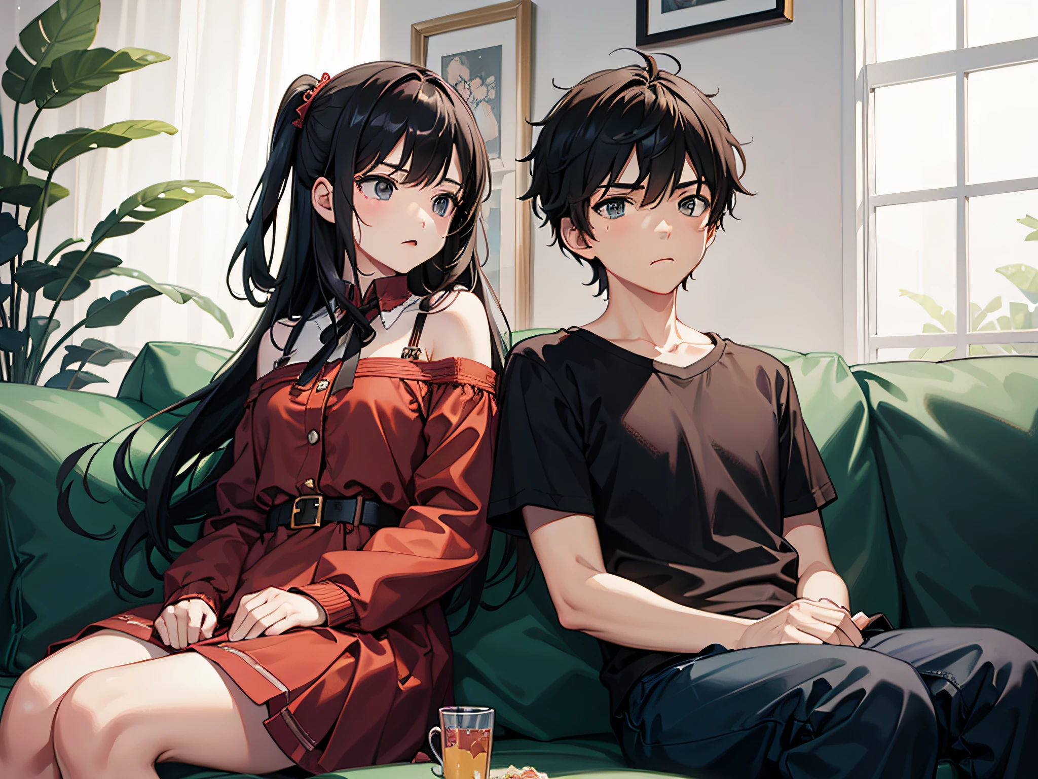 A boy black hair, black eye, and girl brown hair, long hair, green eye, sitting together in the couch