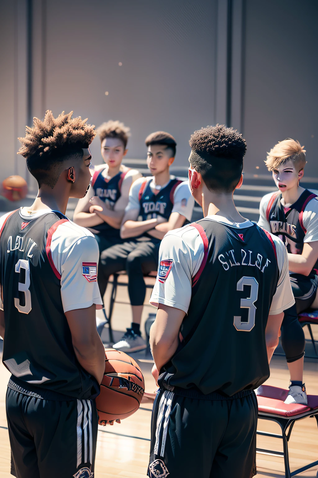 High quality, masterpiece, masterpiece, 4k picture quality, brilliant light and shadow, tindal effect, halo, color broken light, ray tracing, light and shadow effects, cg rendering, delicate rendering, details, masterpiece, high resolution, tracing, illumination
(bench in basketball hall: 1.6)(sitting a group of boys in ball suits: 1.5)(half-body display: 1.4)(message hair, boys, sha and pride, delicate face, handsome, delicate colored hair: 1.5)(stadium side: 1.7)(frown, worry: 1.6)(facial expression exquisite: 1.7)