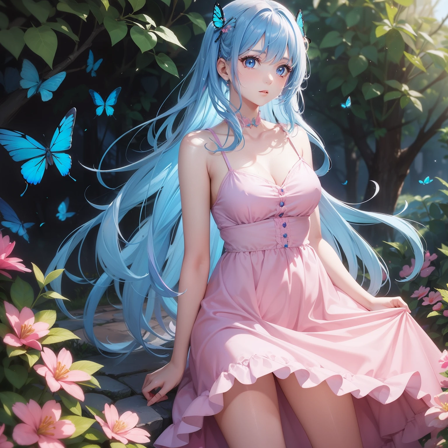 masutepiece, Best Quality, Official art, (1girl in), ighly detailed,(((​masterpiece)))、((ultra-detailliert、top-quality、hight resolution、Cinematographic lighting))、fullllbody、From  above、Fulll body Shot (女の子1人)(rainbow-colored hair、colourful hair、Half blue and half pink hair:1.2)(with two sides up)(green colored eyes)、eyeshadows、eye liner、Glow Eye、Hyper Detail Eye、intricate eyes、beautidful eyes、((Glowing blue pupil))18 year old girl、seducting smile、Detailed, crimson light, Detailed background, Pink rose field, white sundress, Scary clouds, light Particle, Sitting on roses,