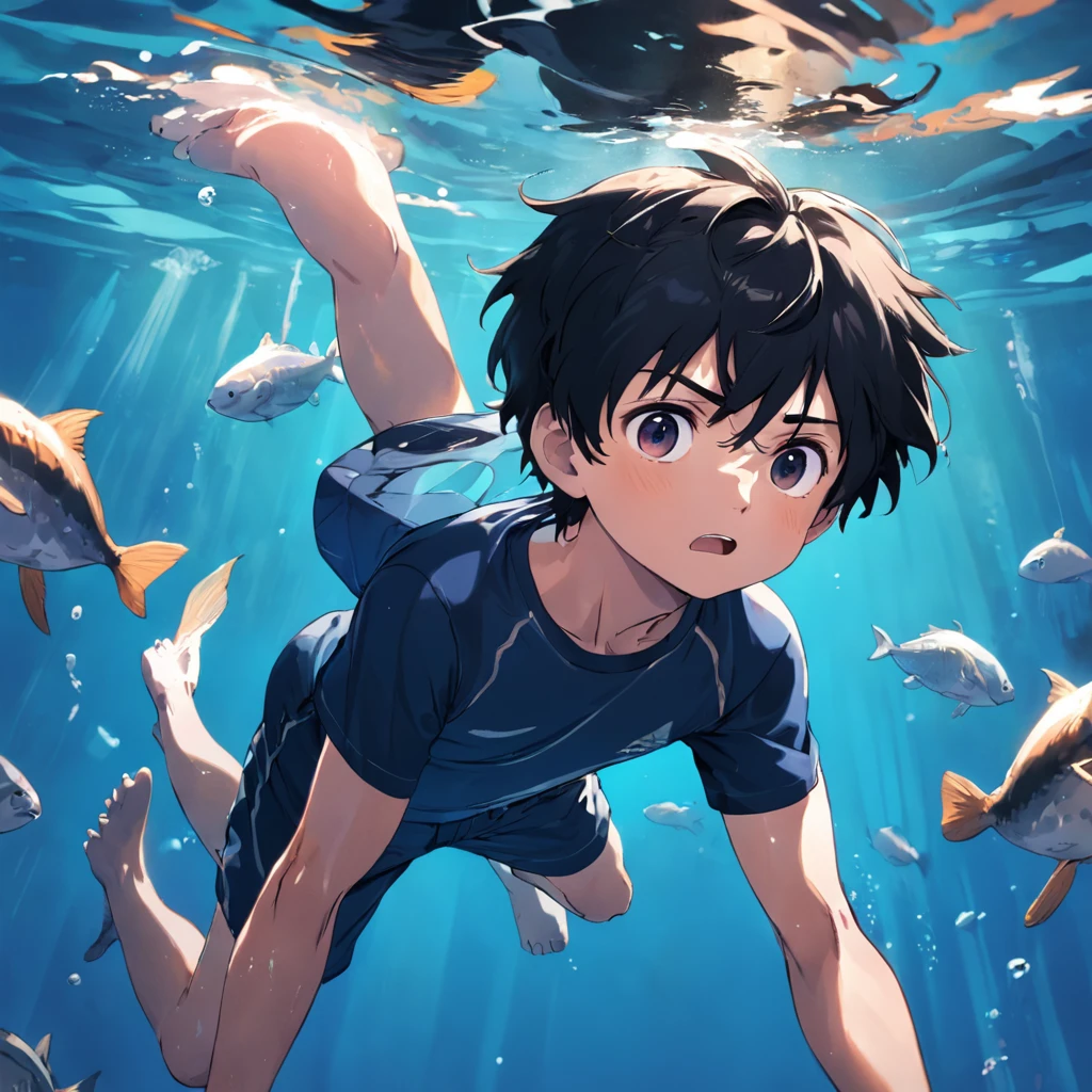 "Please draw a boy swimming under the sea,(1 3 year old boy:1.3), with short black hair,The facial expressions are joy and nervousness。His eyes looked ahead,The expression is a little between tension and pleasure。His body may be somewhat uncertain,And the expression on the face is a balance between pleasure and tension underwater。"