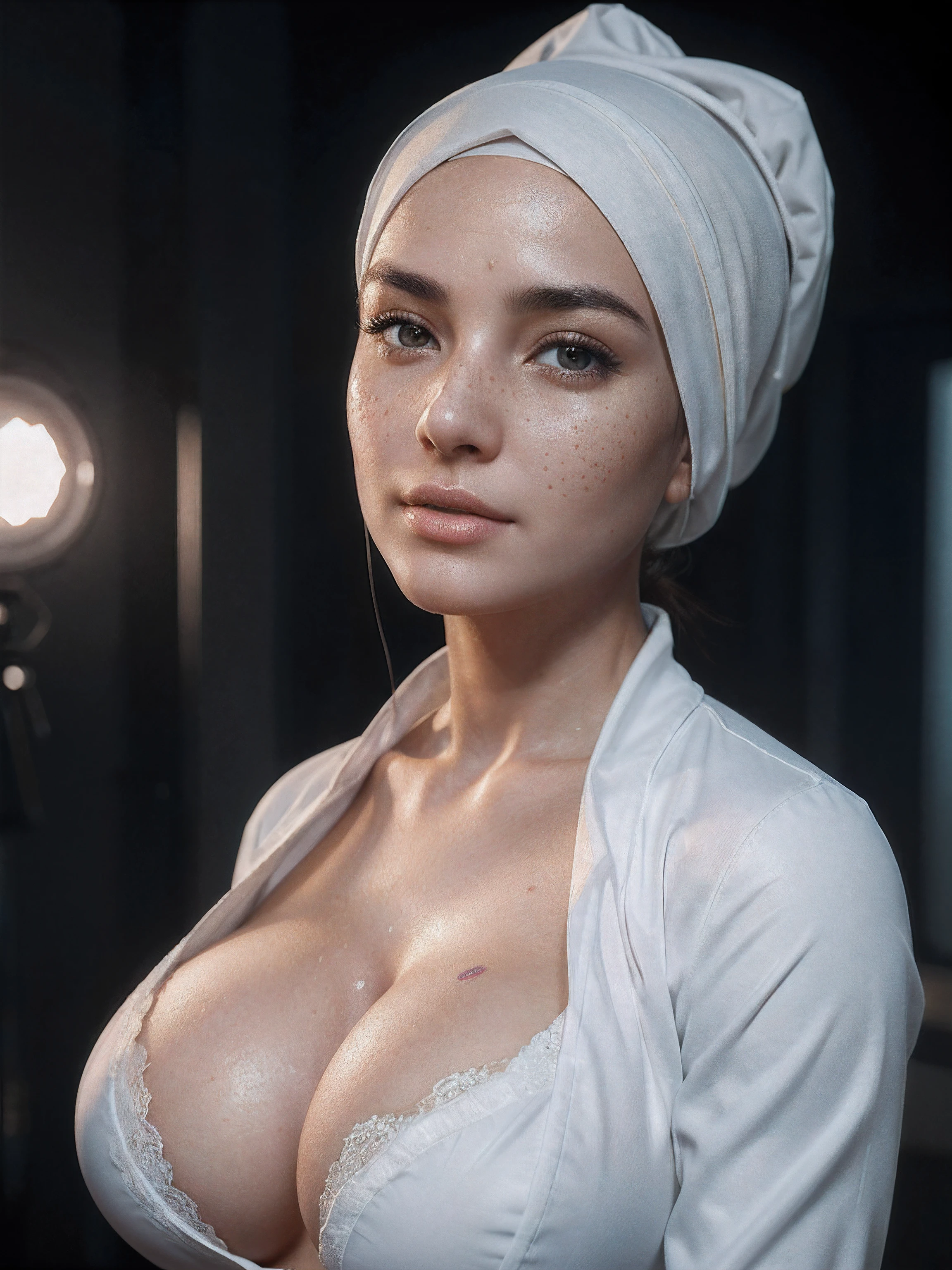A photo of a female nurse, gorgeous stunning face, big breasts, ((cleavage)), huge ass, wears hijab, wears white coat, realistic skin pores, freckles, 8k, hdr:1.2, ultra realistic photo, photorealistic, (volumetric lighting), soft diffused shadows, ultra defined textures, realistic reflection effect, (masterpiece), realistic diffused lighting, (intricate details), bloom, best quality, (raytracing), vivid color tone, (highly detailed and realistic skin)