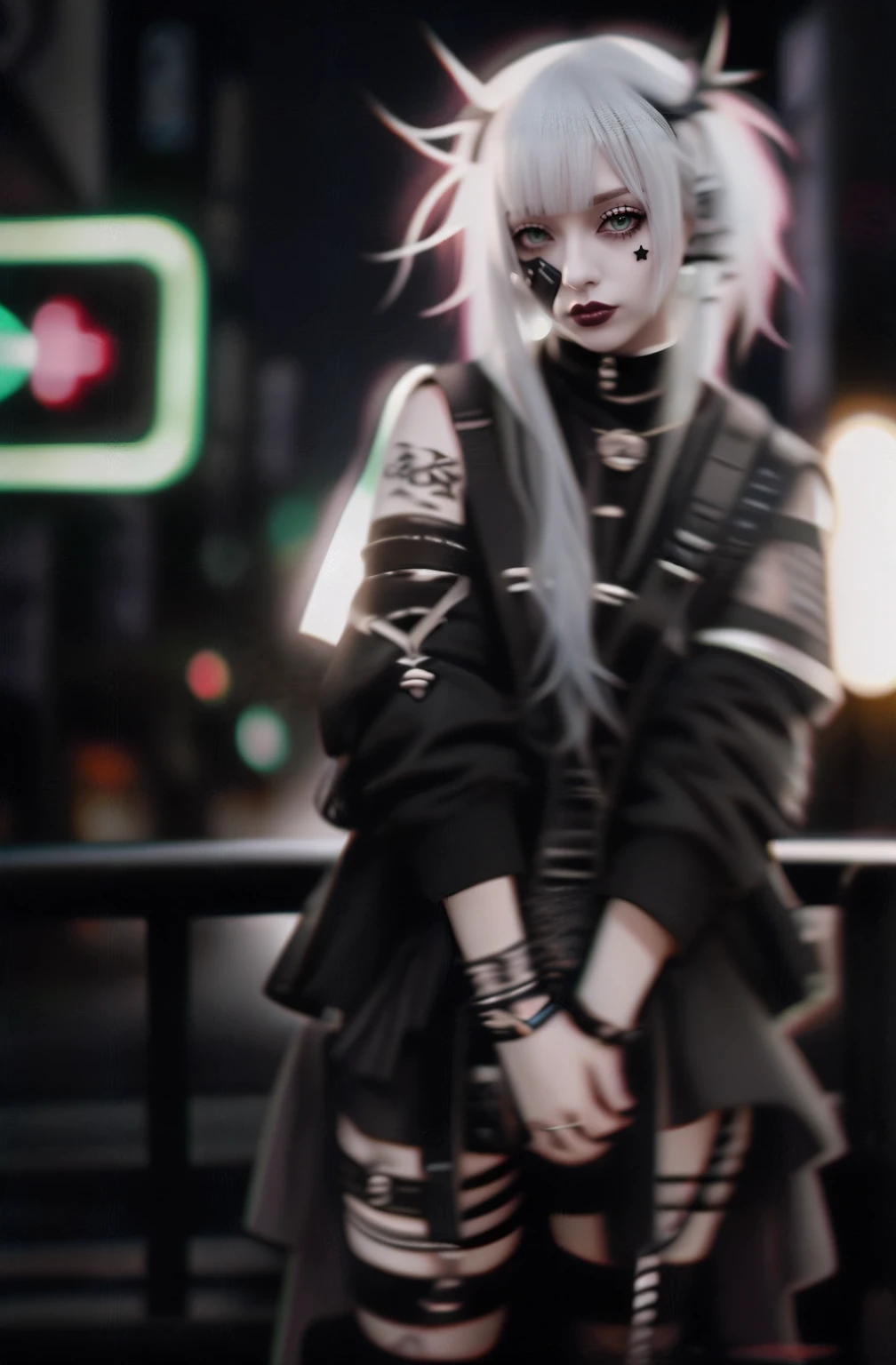 goth_punk, 1girl, solo, medium shot, walking in harajuku, ((night time)), bokeh, neon light, iridescent eyes, starry sky, white shimmer hair, white eyebrow, glowing hair, (iridescent white hair), earrings, bangs, jewelry, mask, blunt bangs, green eyes, mouth mask, blurry background, blurry, hair ornament, looking at viewer, short hair, portrait, sidelocks