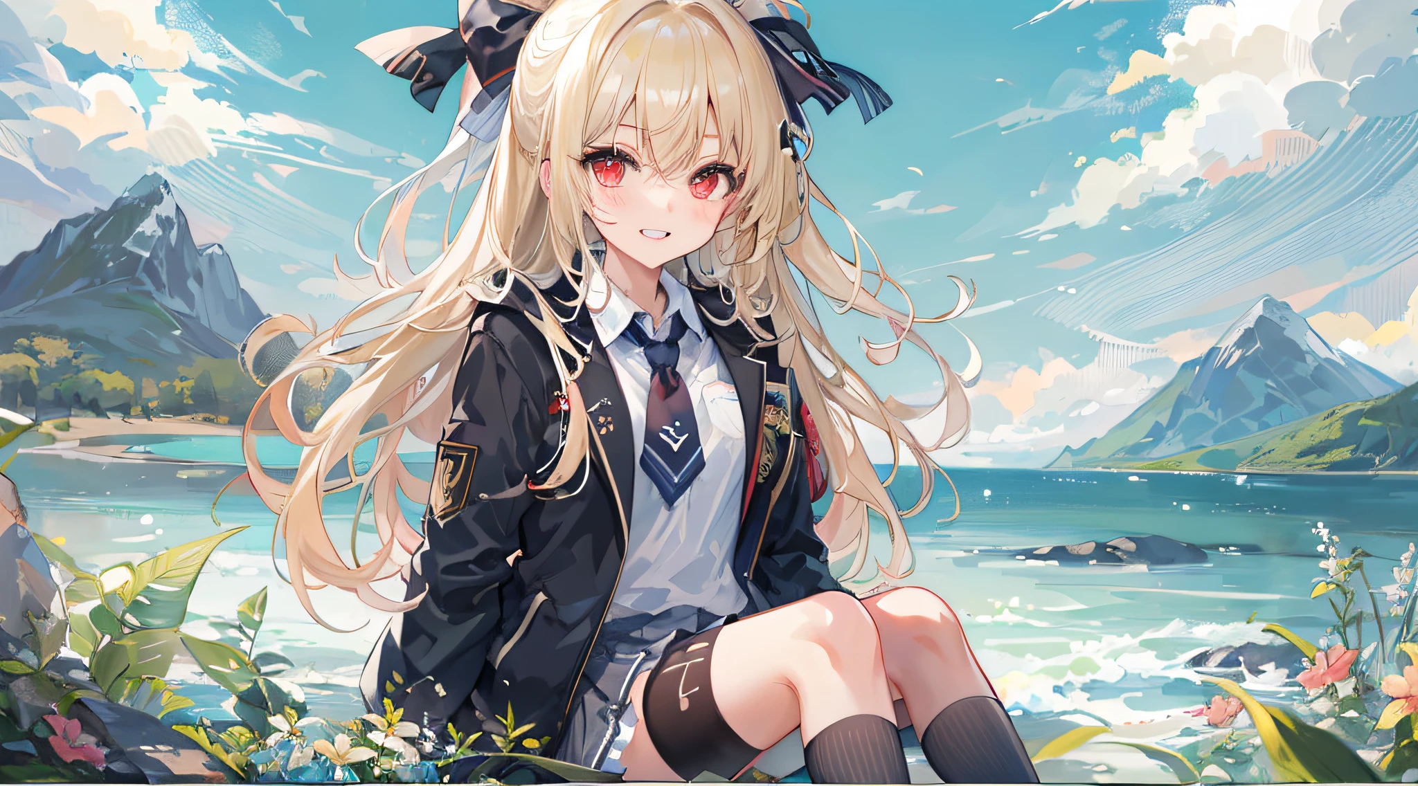 ((Top Quality)), ((masterpiece)), ((extremely highly detailed)), (very delicate and beautiful.), A girl with, 独奏, Cool attitude,((black jackets)),She is very(loosen)With(Settle)looks,blonde hairs, depth of fields,malevolent grin,foam, in water, air bubble,Bright red eyes,blonde hairs,Cool background,Bob Hair - Linear Art, mini-skirt、Knee-high socks、White school uniform like a school uniform、Light Blue Ribbon Tie、The clothes are sheer、hands in pocket、ponytail hair