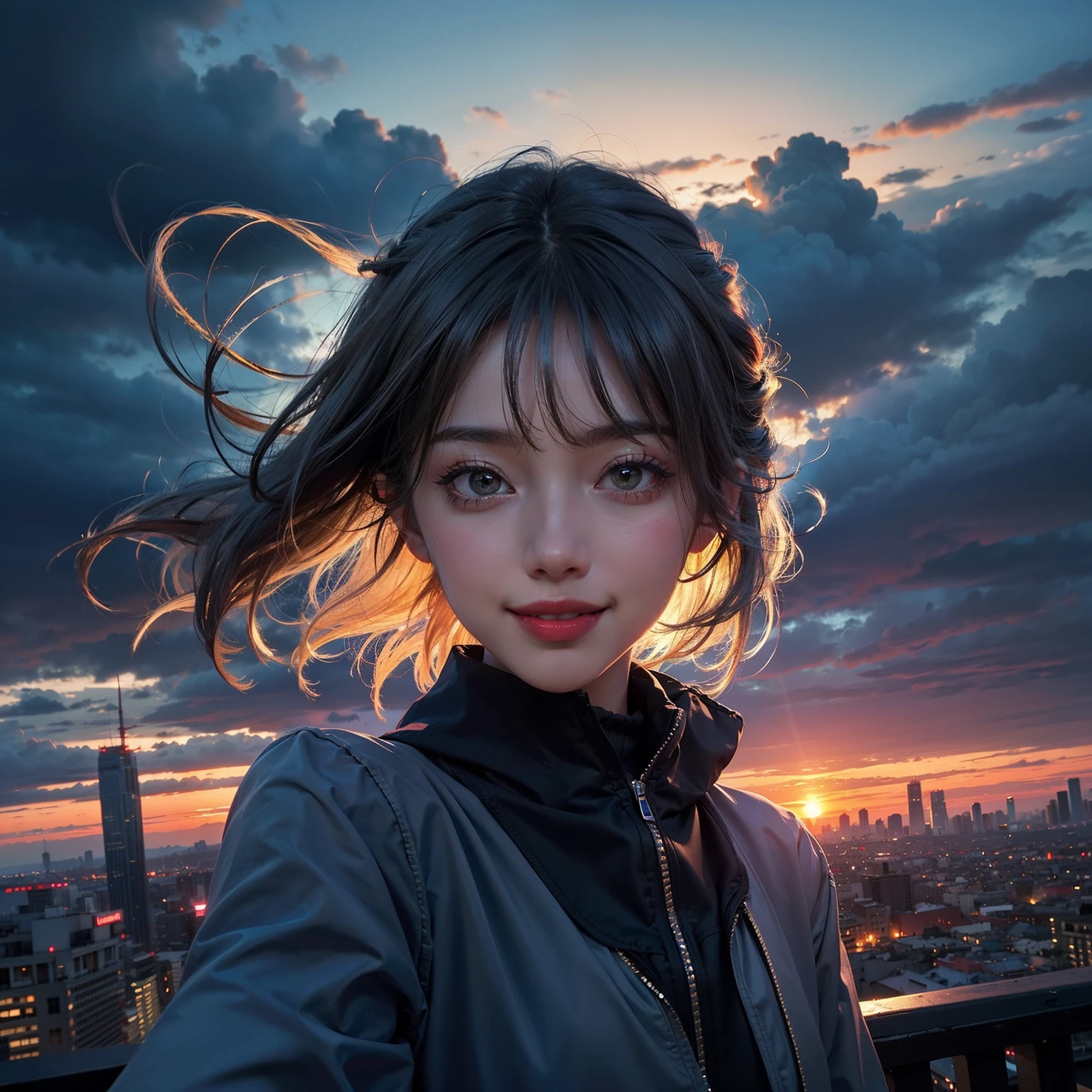 xx Remix Girl,1girll, fish eye, self-shot, Wind, Messy hair, Sunset, Cityscape, (Aesthetics and atmosphere:1.2), Gray hair,Smiling,Movie girl