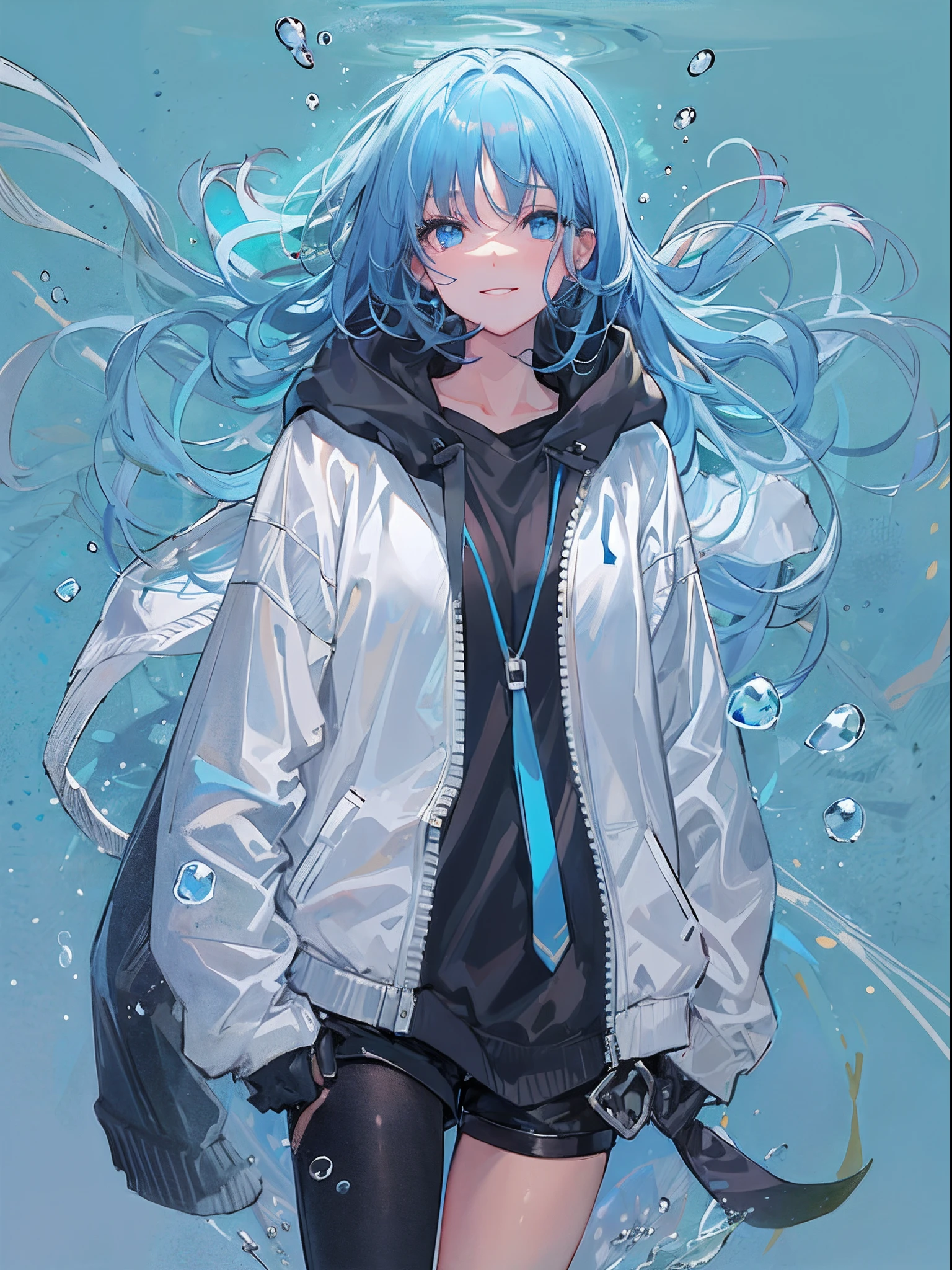 ((top quality)), ((masterpiece)), ((super detail)), (very delicate and beautiful), girl, solo, cold demeanor, ((black jacket)), she looks very (relaxed) and (calm), black hair, depth of field, evil smile, stirrups, underwater, air bubble, light blue eyes, light blue hair and dark blue tips inner color with, cold background, bobbed hair - linear art, shorts, knee high socks, oversized white hoodie, light blue ribbon tie, clothing transparent, hands in pockets